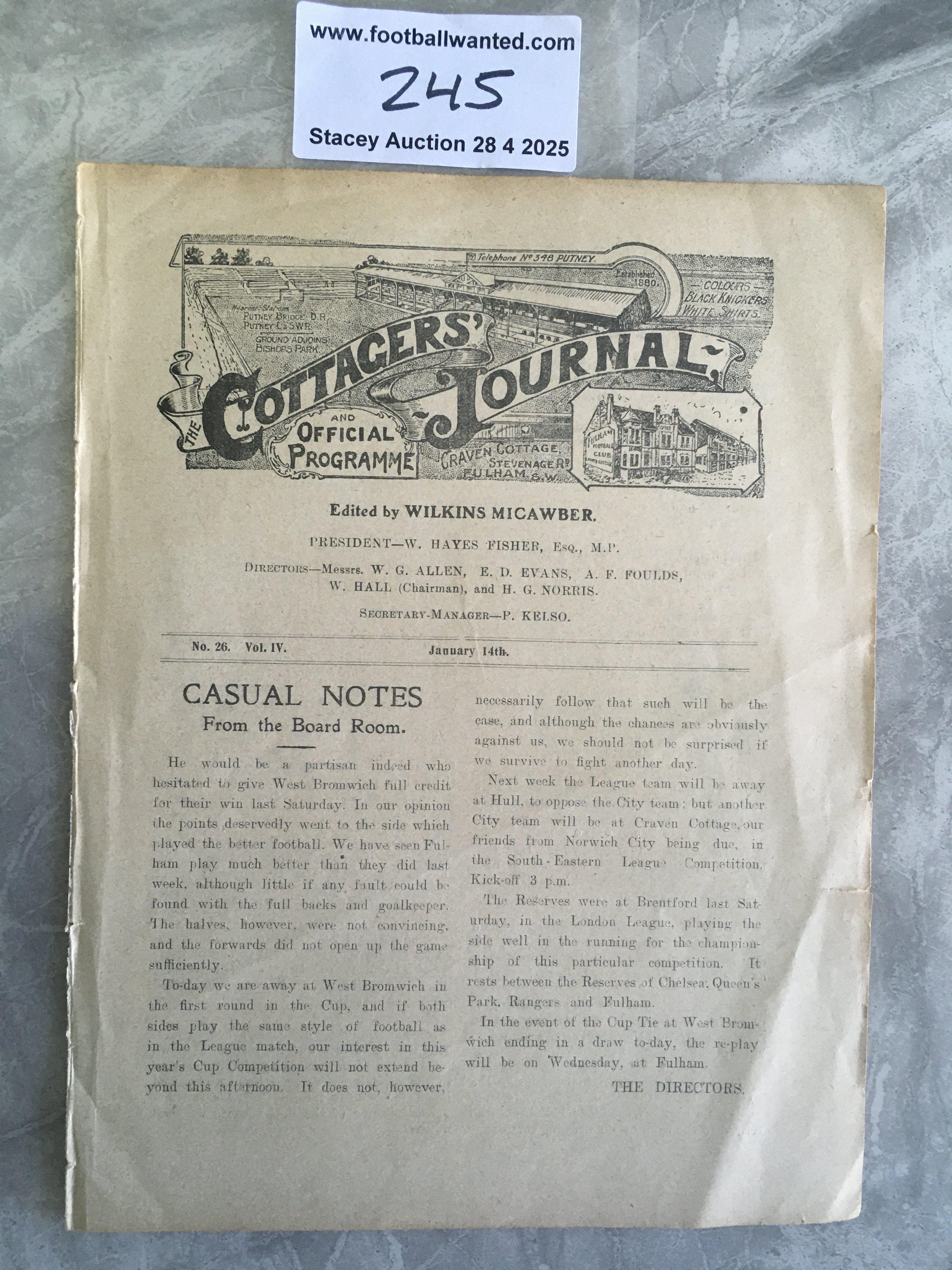 1910 - 1911 Fulham v Crystal Palace Football Programme: London League match dated 14 1 1911. Ex bound lacking covers in good condition with no team changes.