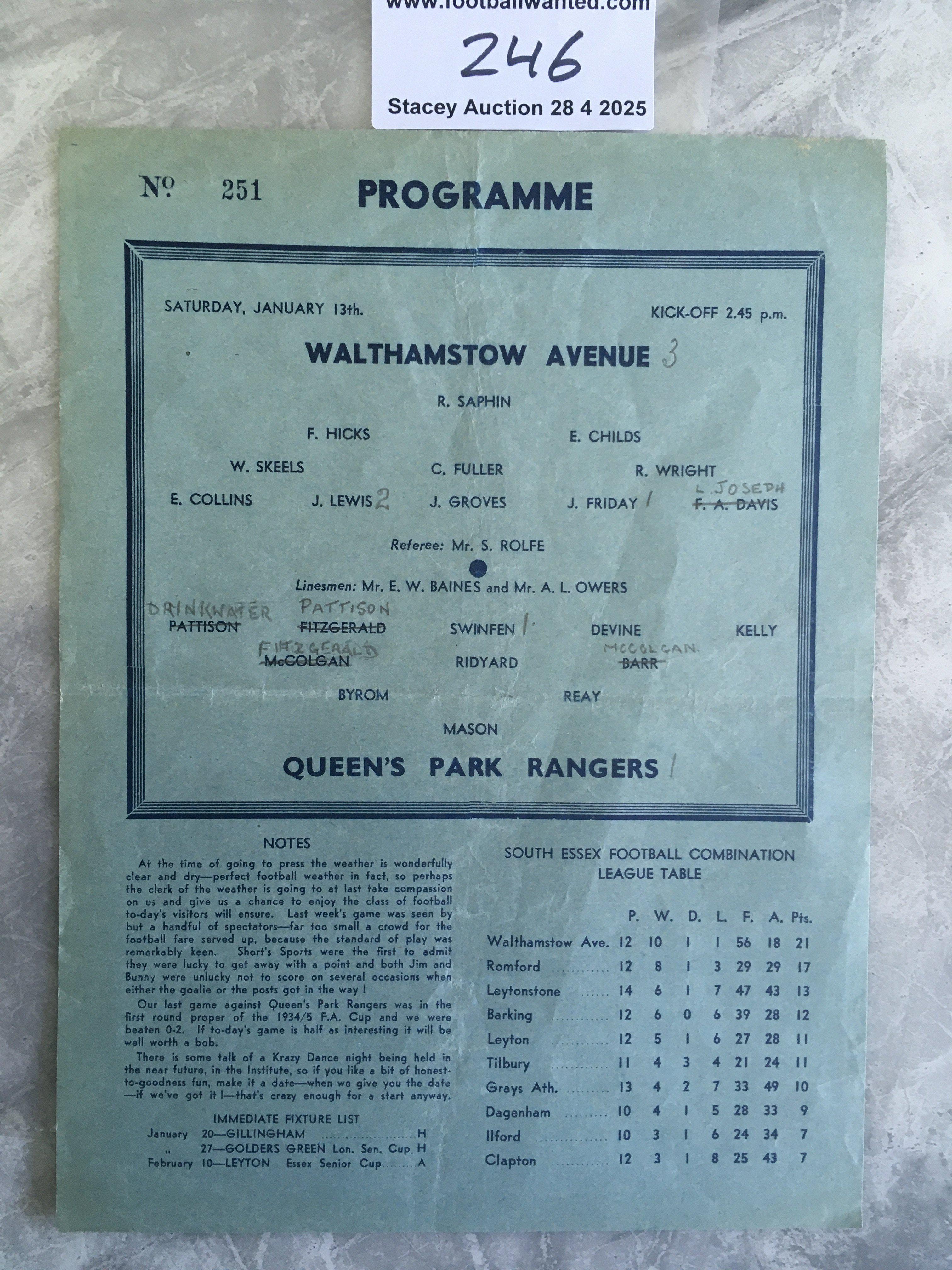 39/40 Walthamstow Avenue v QPR Football Programme: First team friendly dated 13 1 1940. Single sheet for quickly arranged friendly due to war interrupting league season. Very good condition with pencilled team changes. Doubt this has ever been for sale before.