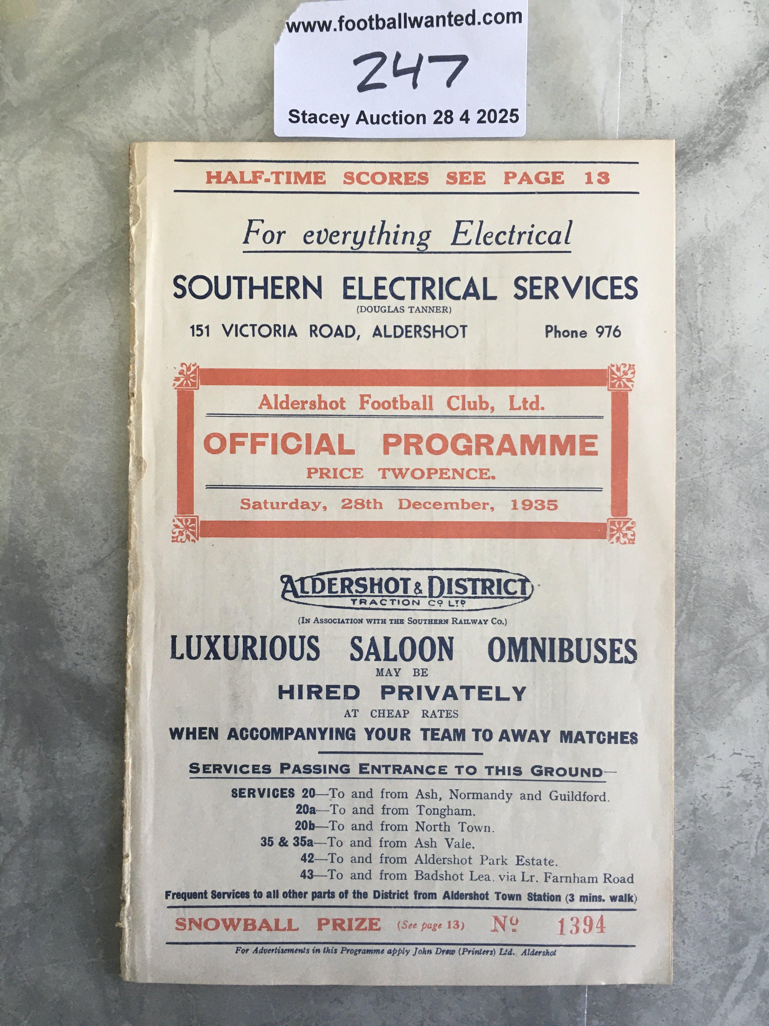 35/36 Aldershot v Exeter City Football Programme: Division 3 match dated 28 12 1935. Good condition with no team changes. Spine damage due to it being ex bound.