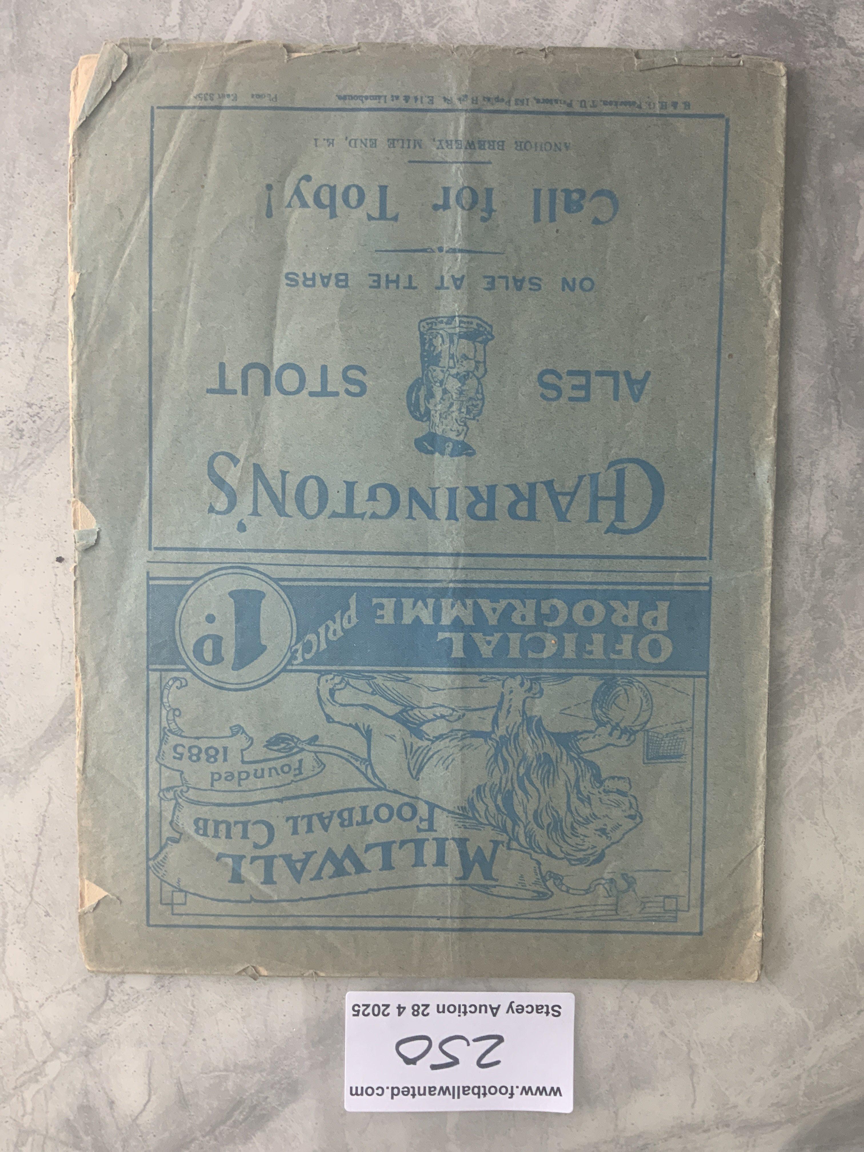 37/38 Millwall v Torquay Football Programme: Fair condition division 3 match with no team changes. Cover is a bit worn to edges.