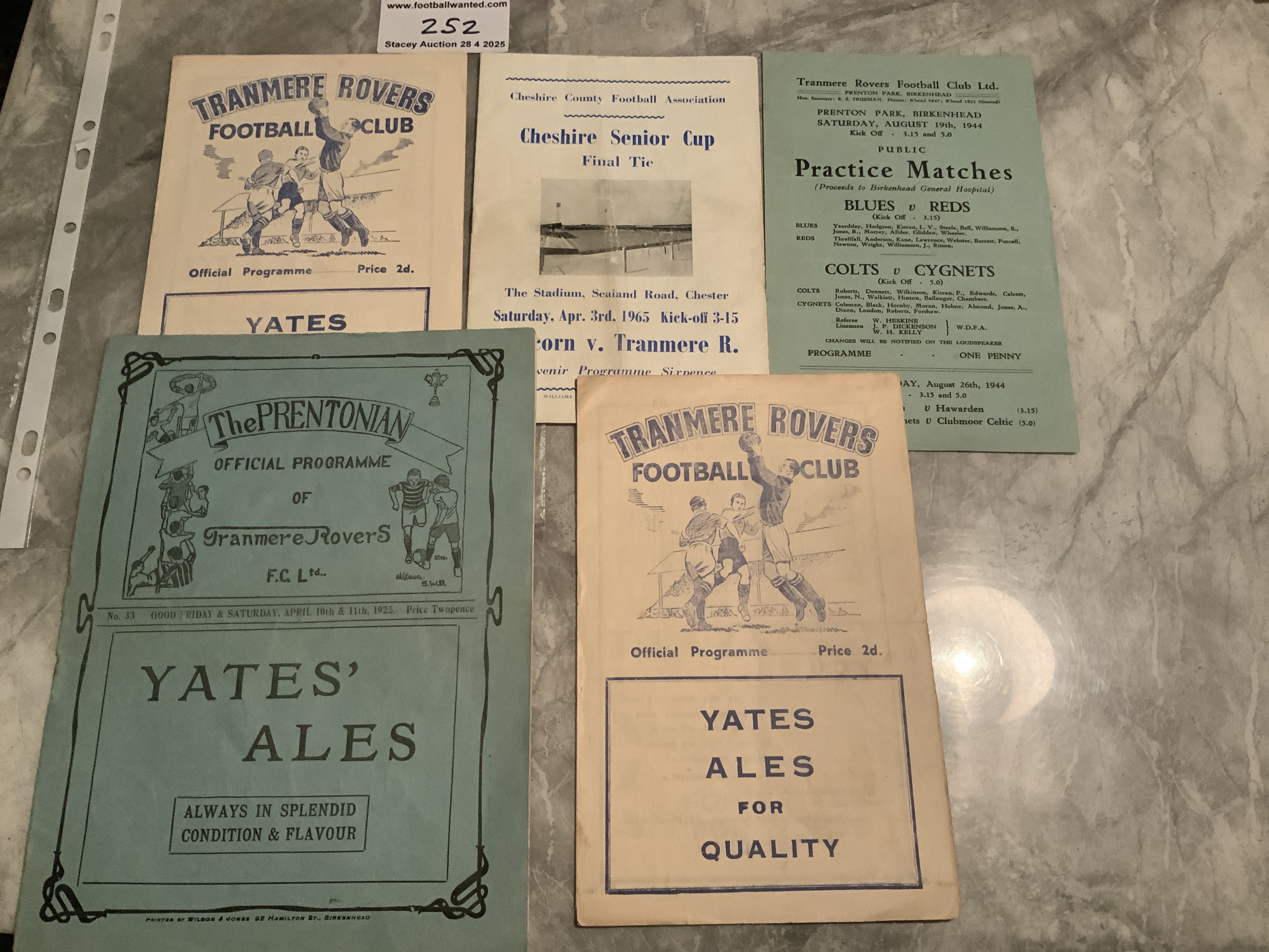 1924 - 1925 Tranmere v Grimsby Football Programme: Good condition 100 year old programme. C/W 1944 Practice Match, 54/55 reserves v Wrexham, Witton, 1965;Cheshire Senior Cup Final. Good. (5)