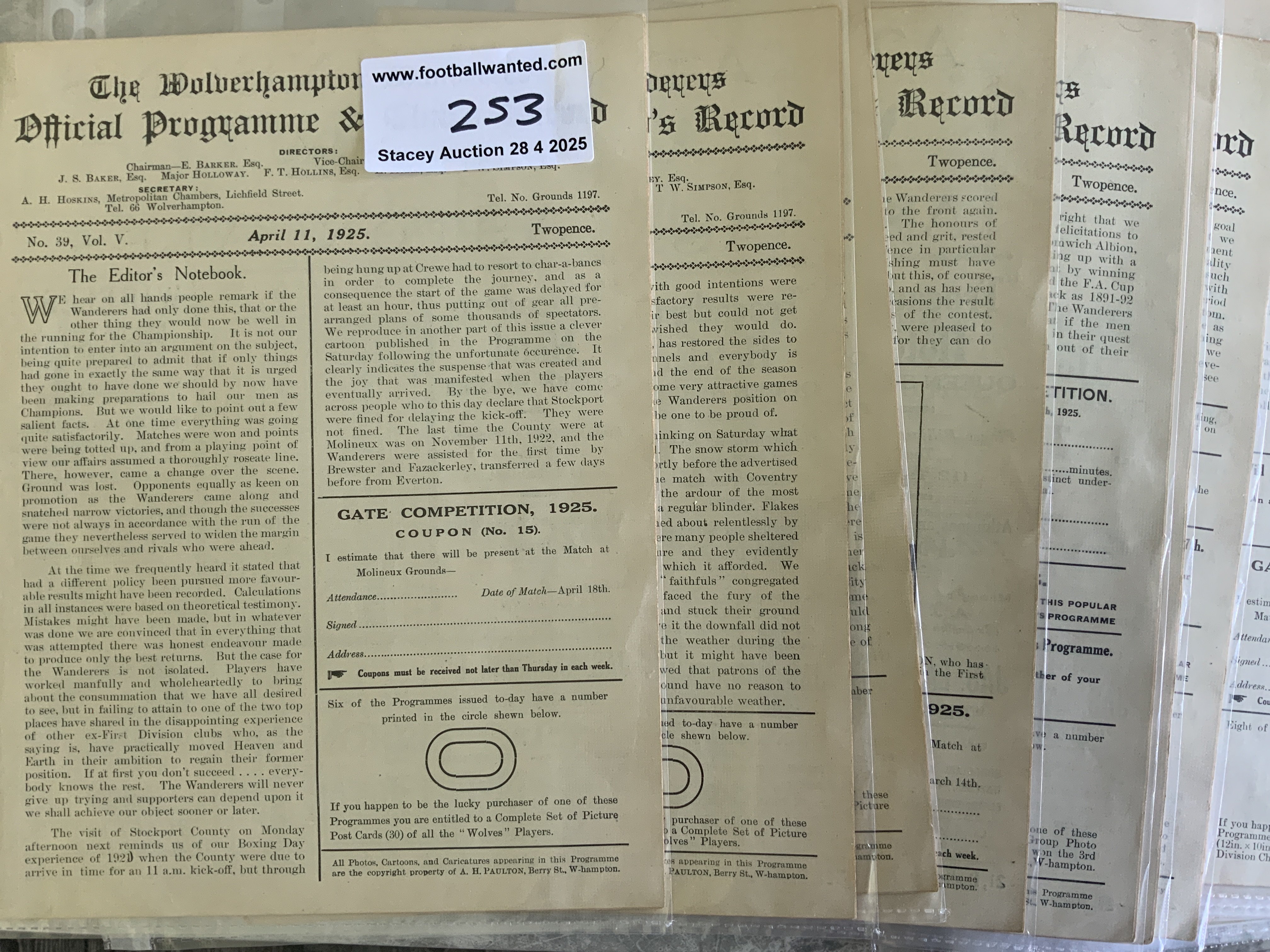 Wolves 1924 - 1925 Home Football Programmes: All excellent condition ex bound with no covers. First team versus Bradford City Derby Hull Fulham Oldham Port Vale Portsmouth Blackpool Sheffield Wednesday Stockport Plus 15 reserves. (25)