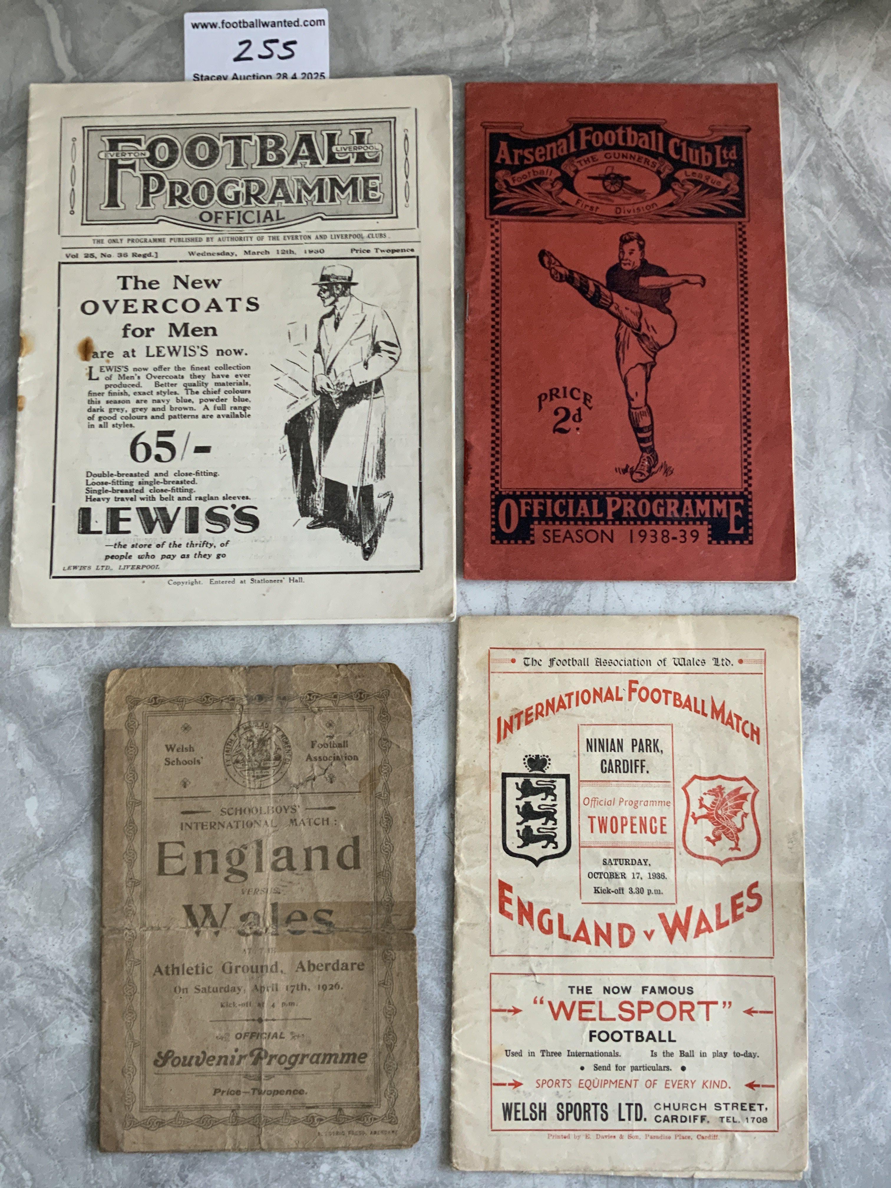 Pre War England Football Programmes: 1930 England trial match at Everton, 1926 Schoolboys match v Wales at Aberdare (faults), 1938 Full International v Rest of Europe at Arsenal and away to Wales 1936. Mainly good. (4)