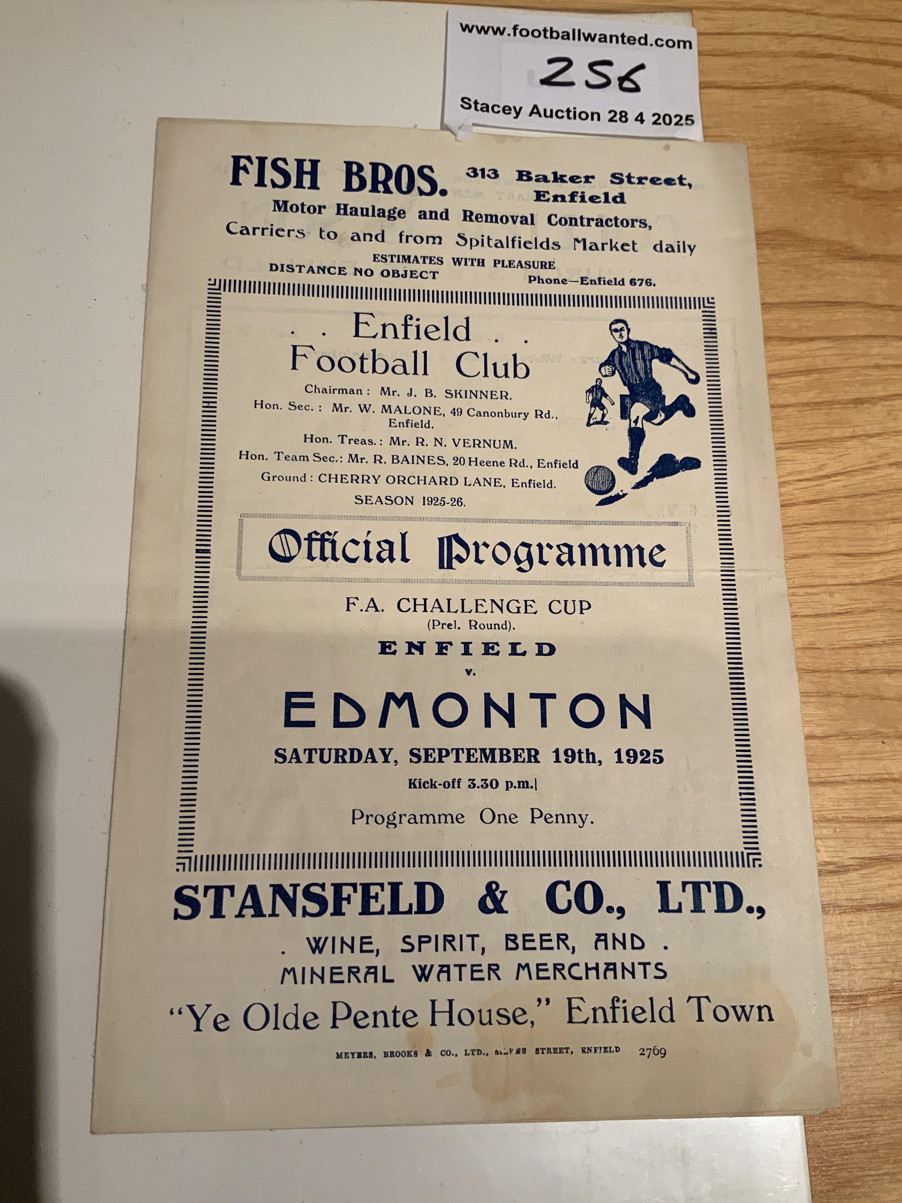 1925 - 1926 Enfield v Edmonton FA Cup Football Programme: 100 year old preliminary round cup tie played at Cherry Orchard Lane. Tiny stain but 4 pager is very good with no team changes.