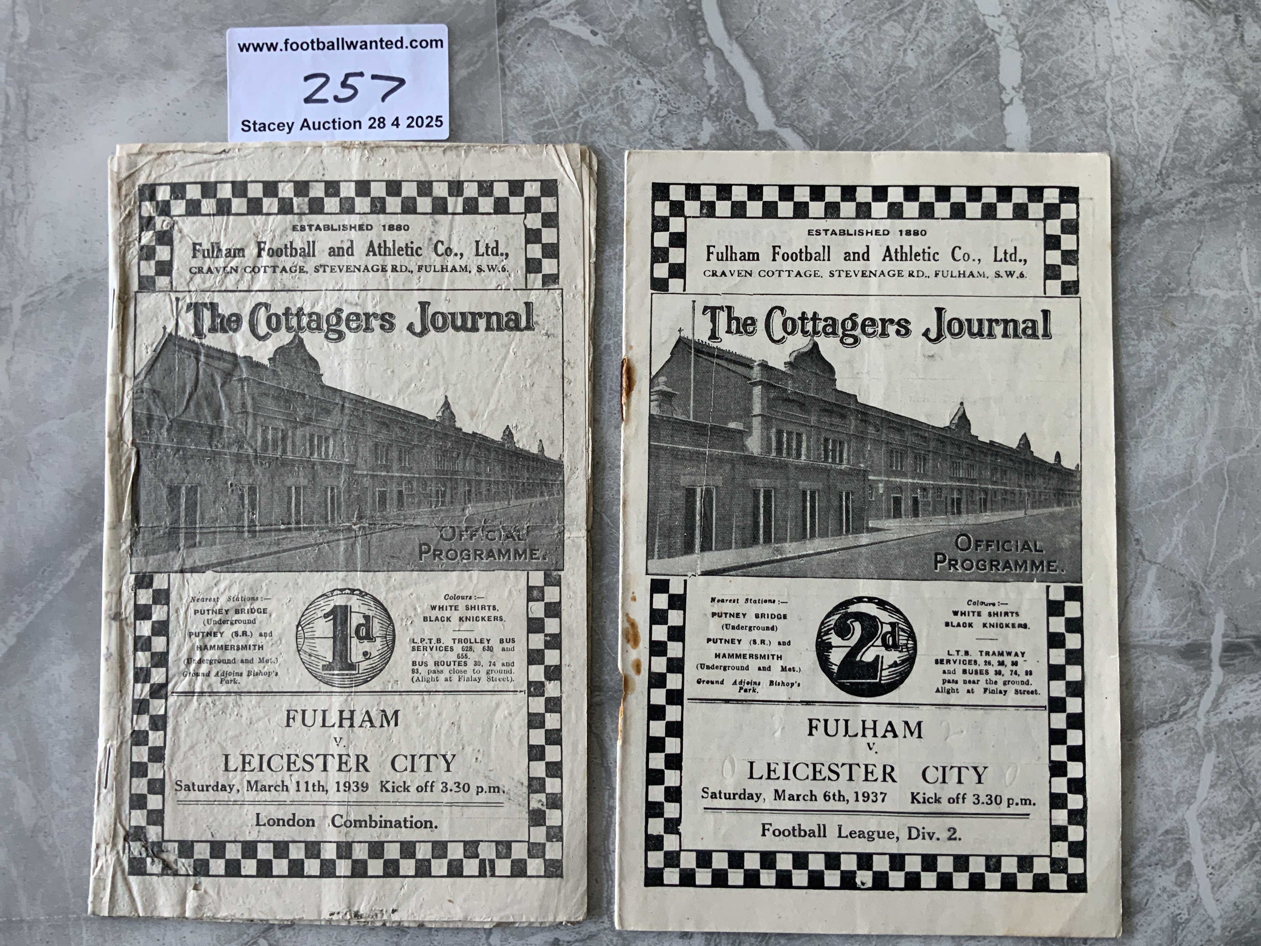 1930s Fulham v Leicester City Home Football Programmes: 36/37 Division Two and 38/39 London Combination. Poor/fair. (2)