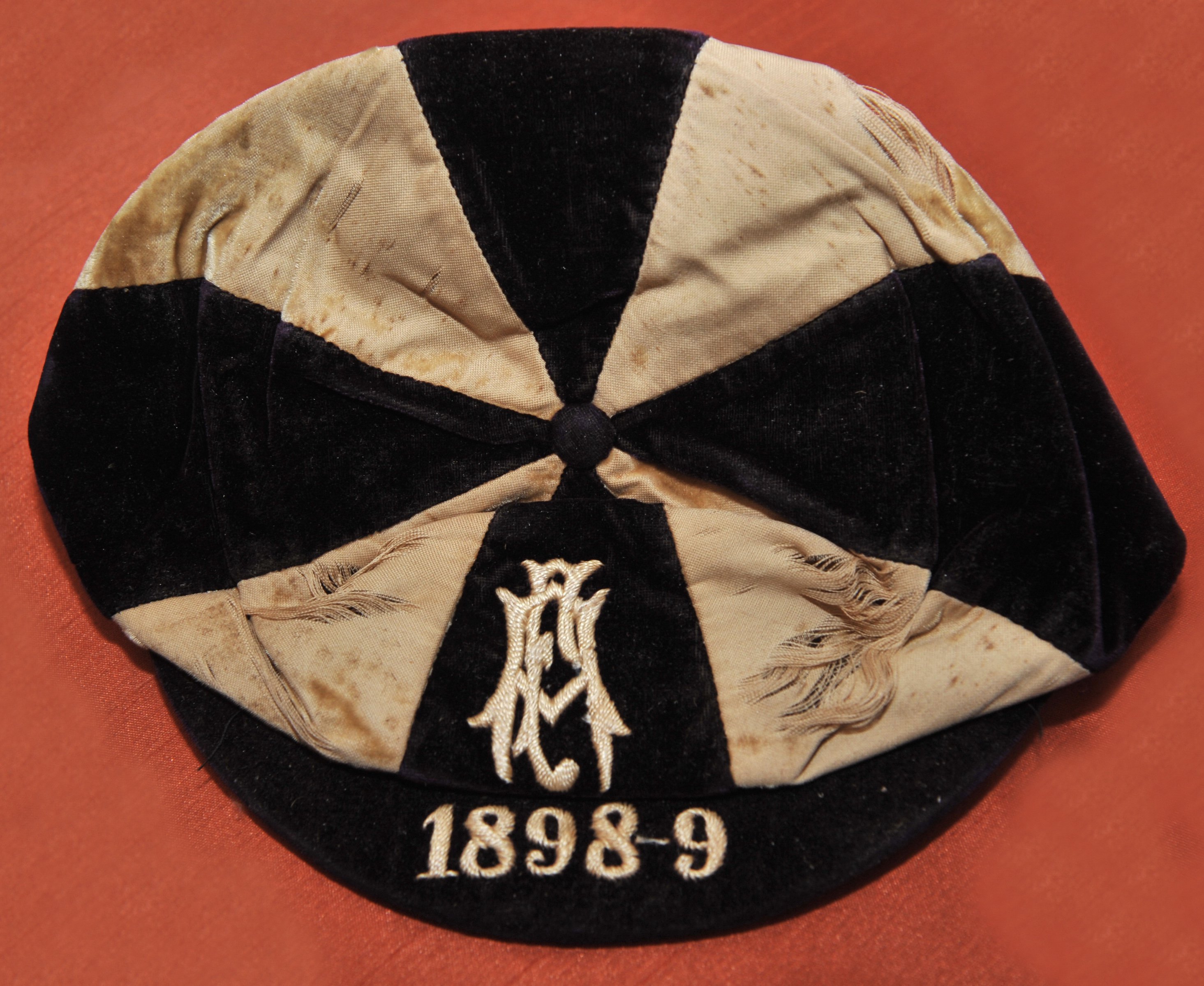 Billy Williams West Brom 1898 -9 England Trial Football Cap: Trial match cap with wear and discolouration made by Young + Co. Peak is embroidered 1898-9.