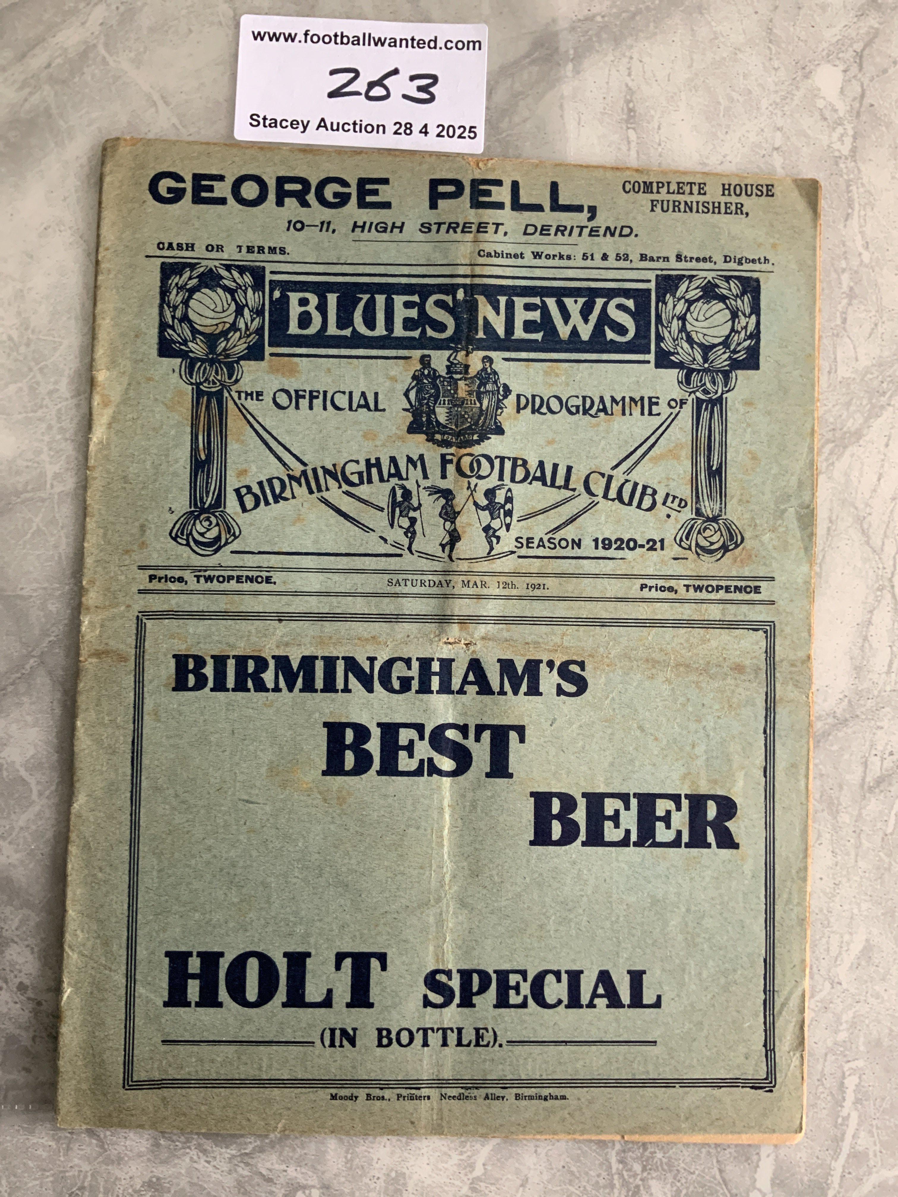 1920 - 1921 Birmingham City Reserves v Worcester City Football Programme: Fair/good condition programme with no team changes. Wear to folds.