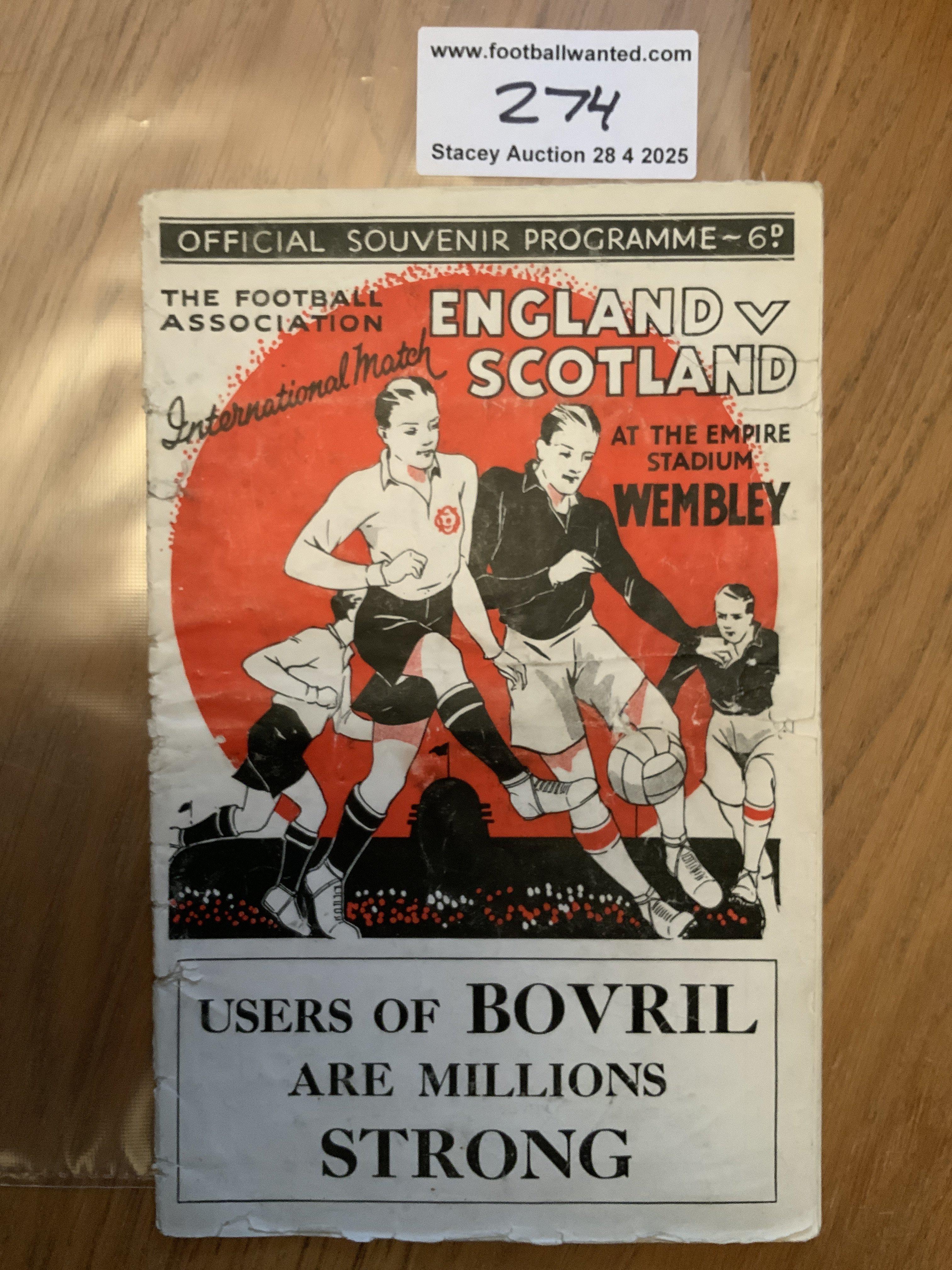 1934 England v Scotland Football Programme: Fair condition programme for full International match played at Wembley. No team changes. Wear to spine and 3 small pieces of tape on inside page.