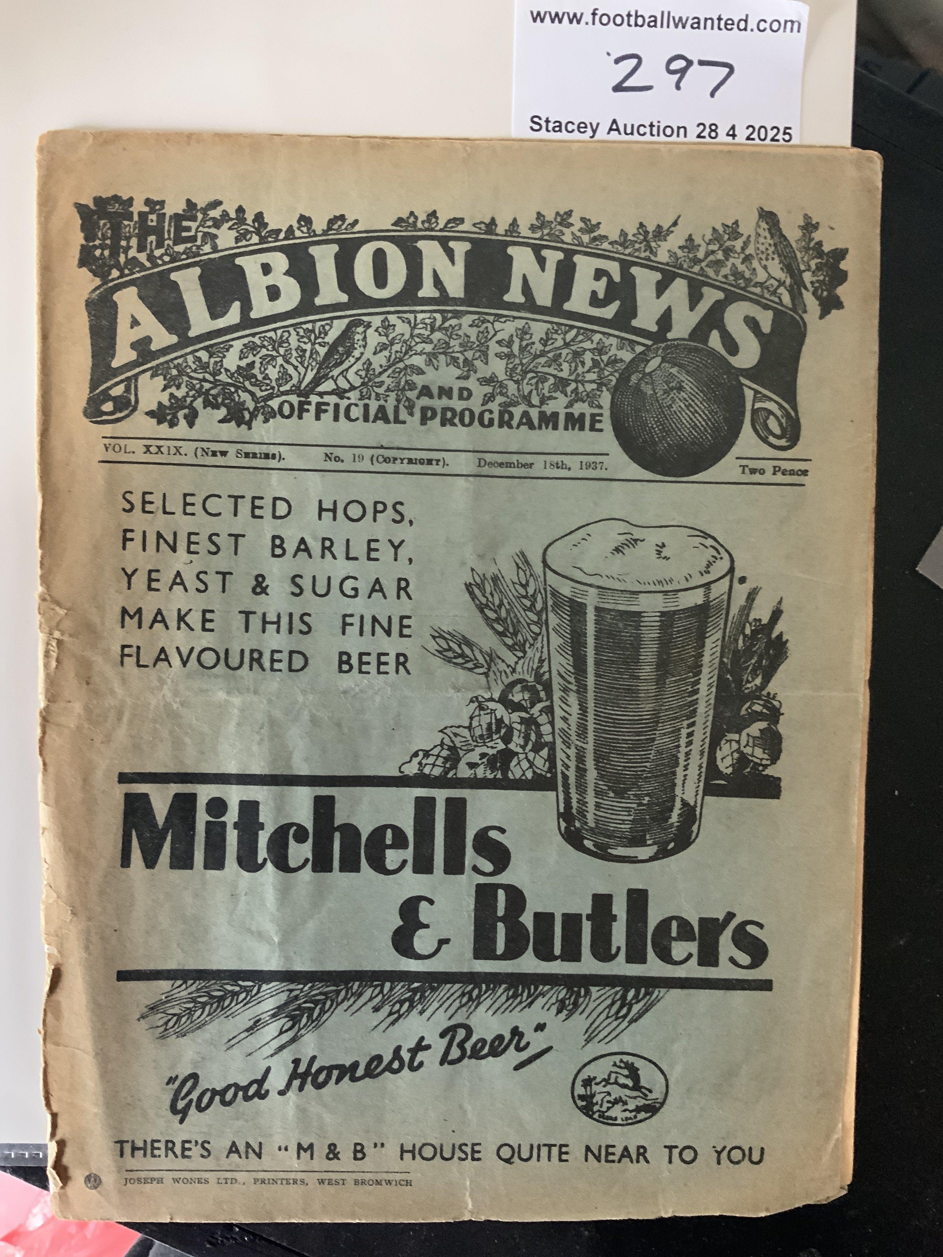 37/38 West Brom v Blackpool Football Programme: Fair condition league match dated 18 12 1937. Wear to spine and fold on back page. No team changes.