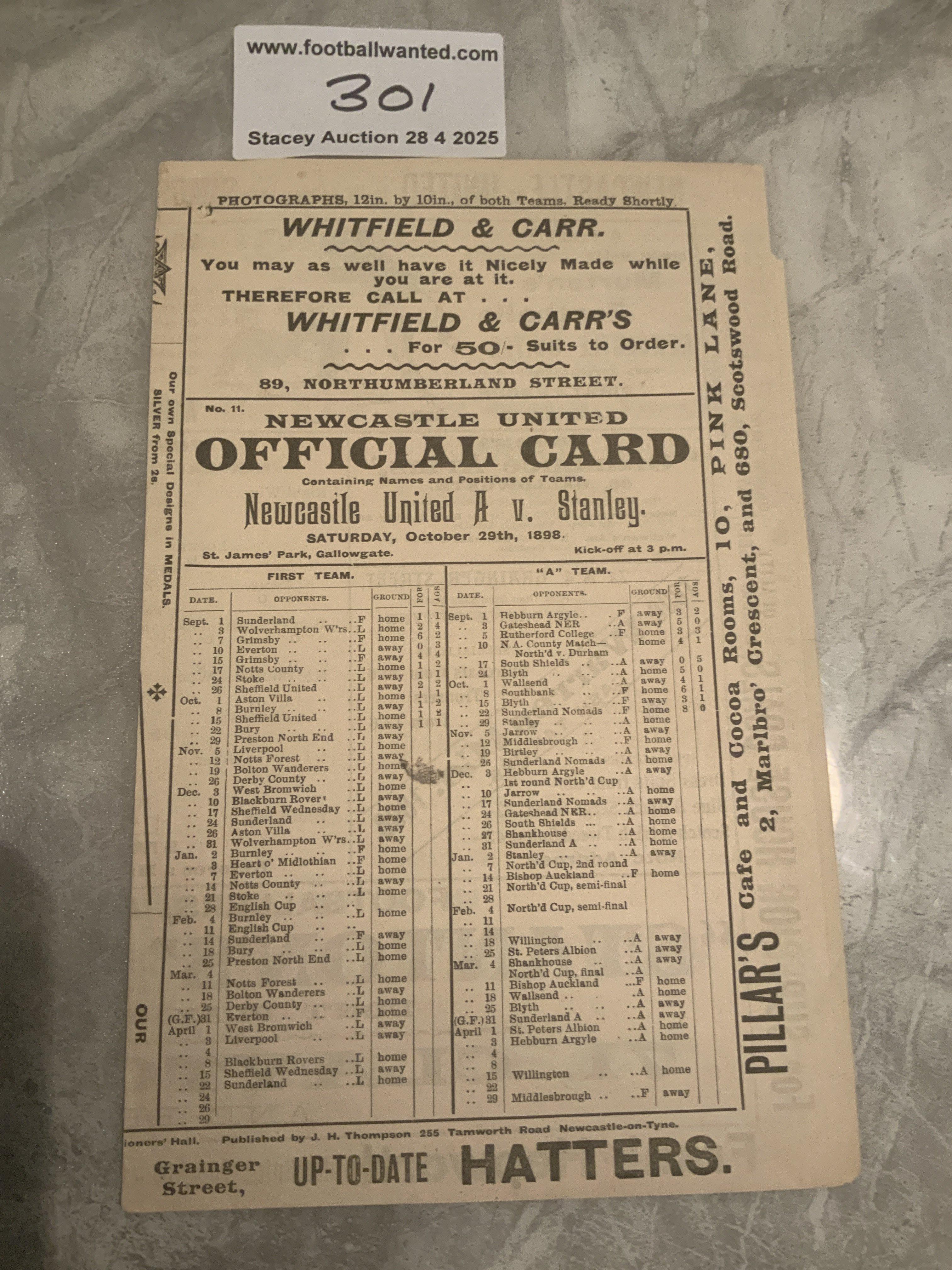 1898 - 1899 Newcastle United A v Stanley Football Programme: Excellent condition with no team changes. Nice first team group picture to rear. Tiniest piece missing from border.