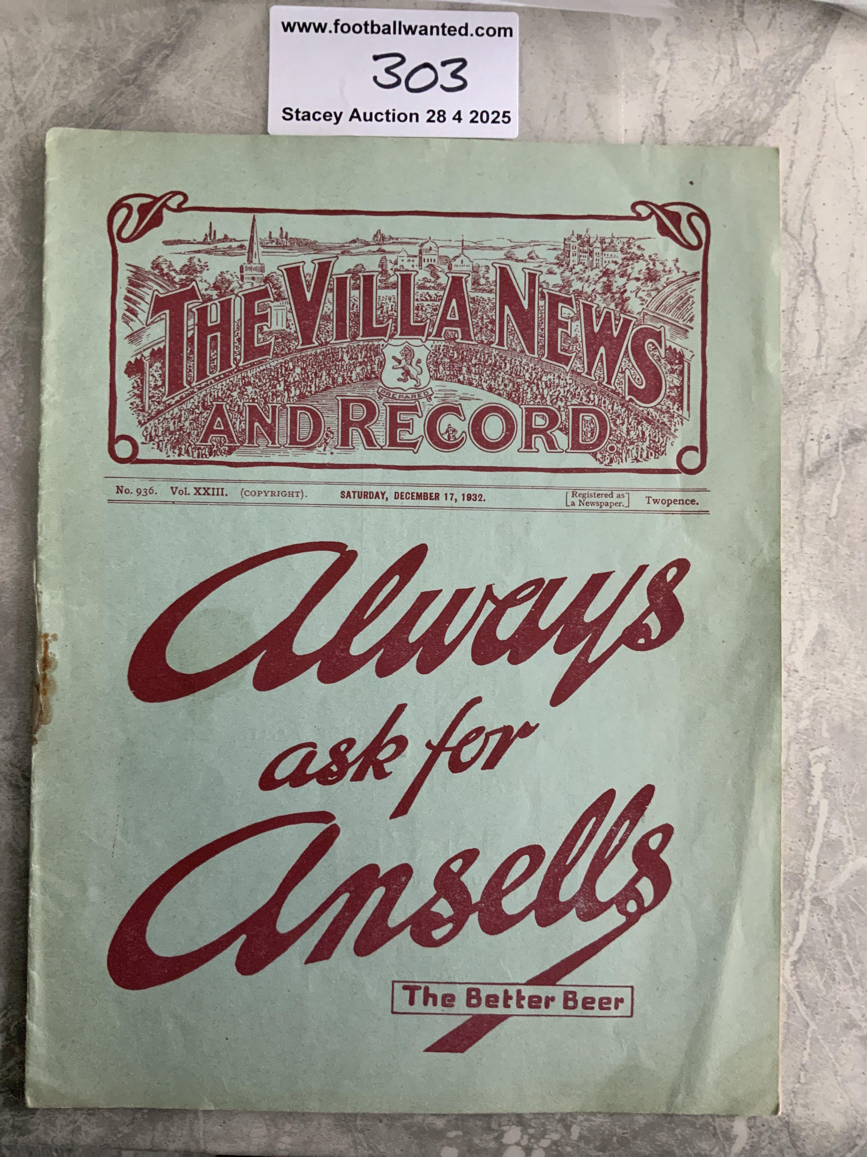 32/33 Aston Villa v Blackburn Football Programme: Very good condition Division Two programme with no team changes. Rusty staple holding firm.