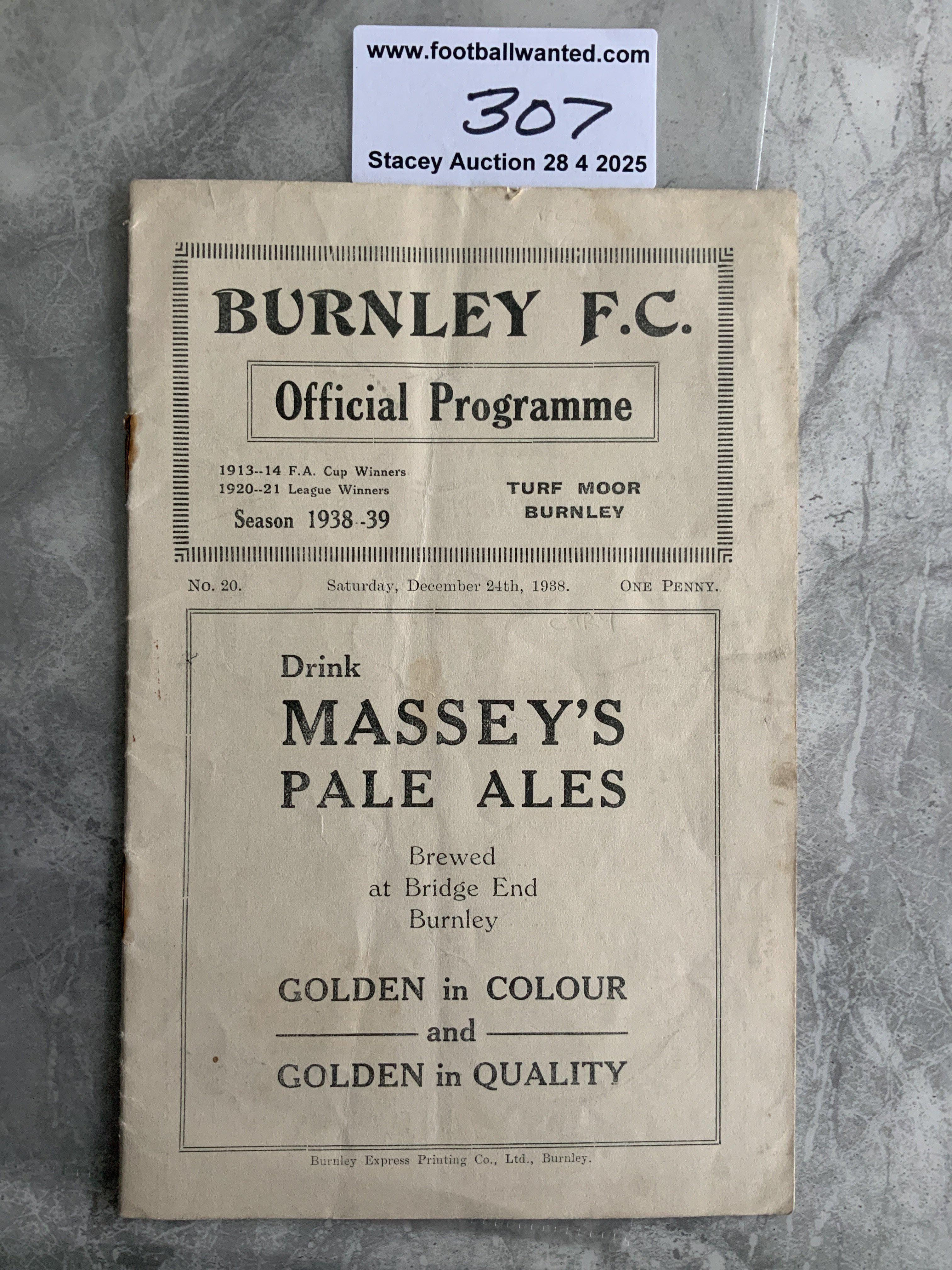 38/39 Burnley v Coventry City Football Programme: Good condition Division Two programme with no team changes. Rusty staples holding firm.
