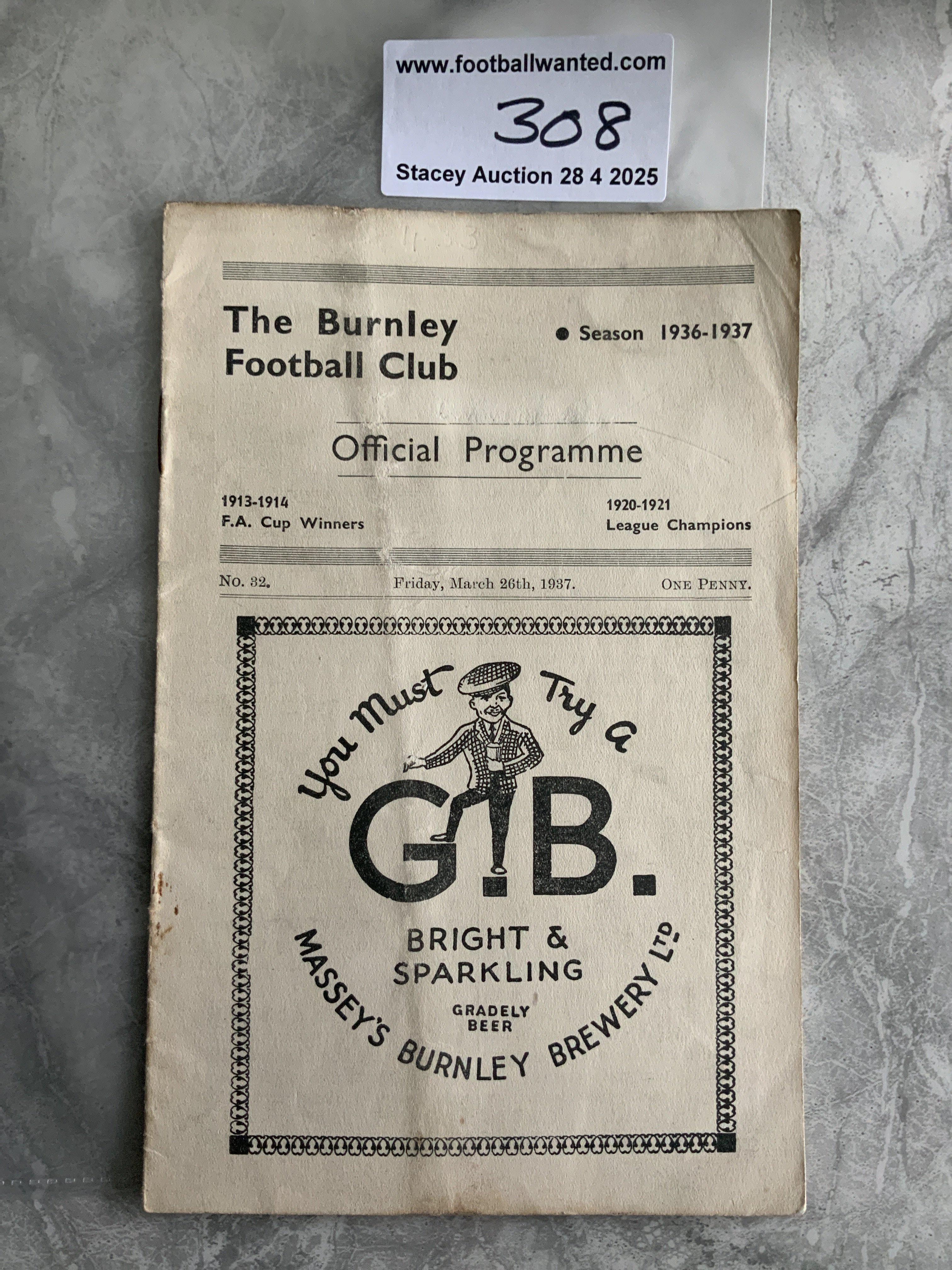 36/37 Burnley v Coventry City Football Programme: Good condition Division Two programme with no team changes. Rusty staples holding firm. Score and scorers noted on team page inside.