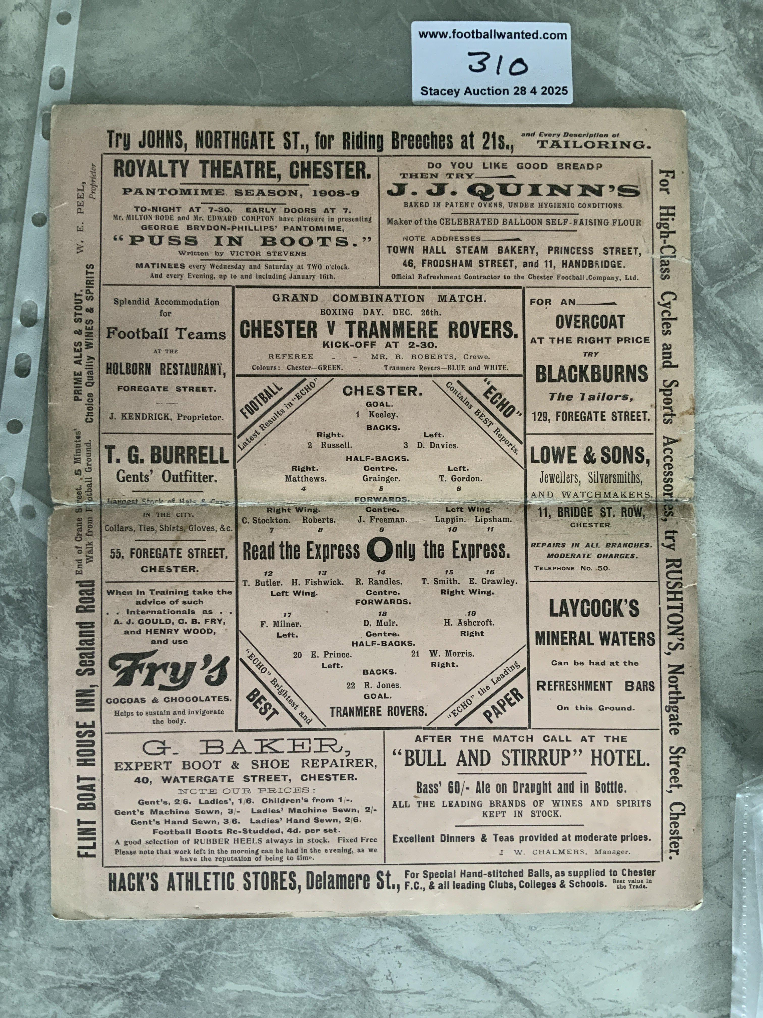 1908 - 1909 Chester v Tranmere Rovers Football Programme: Good condition 4 page card programme with no team changes. Spine has been professionally repaired. This is a Combination match as write up refers to a Chester win they can gain the Combination Championship.
