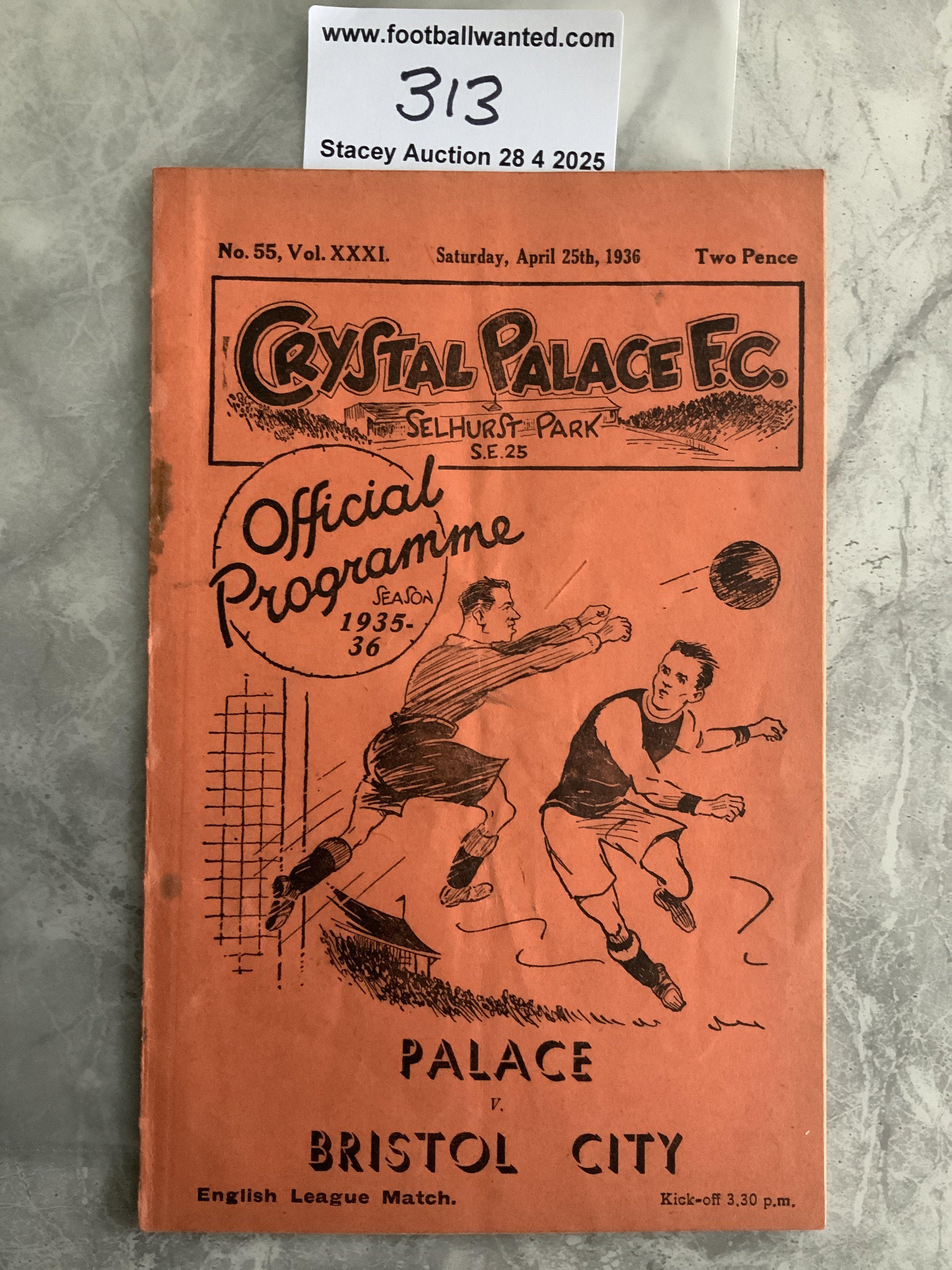 35/36 Crystal Palace v Bristol City Football Programme: Very good condition Division Three programme with no team changes. Inside of spine has a repair.