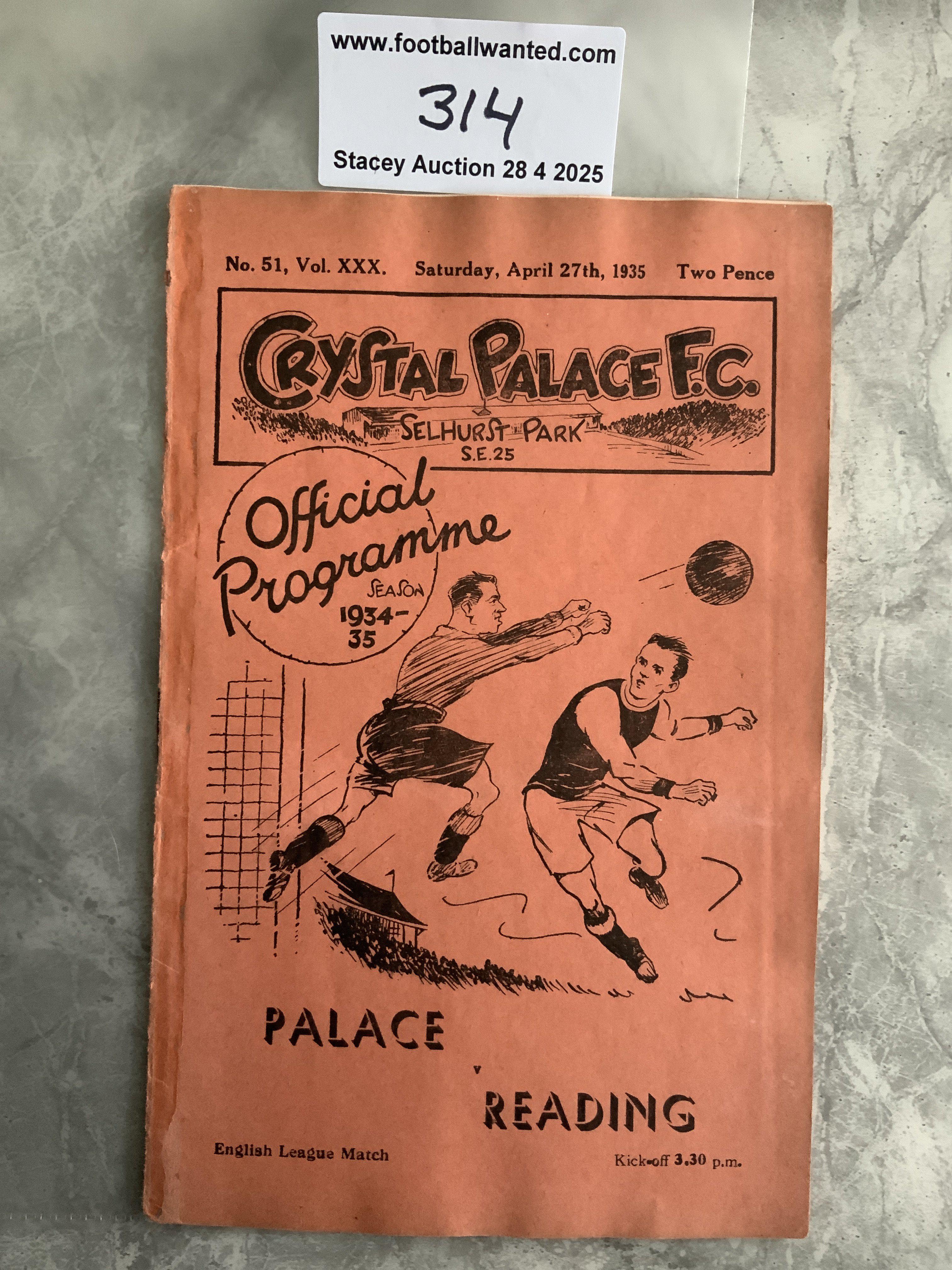 34/35 Crystal Palace v Reading Football Programme: Good condition Division Three programme with no team changes. Scuff on page 3 and clean to spine.