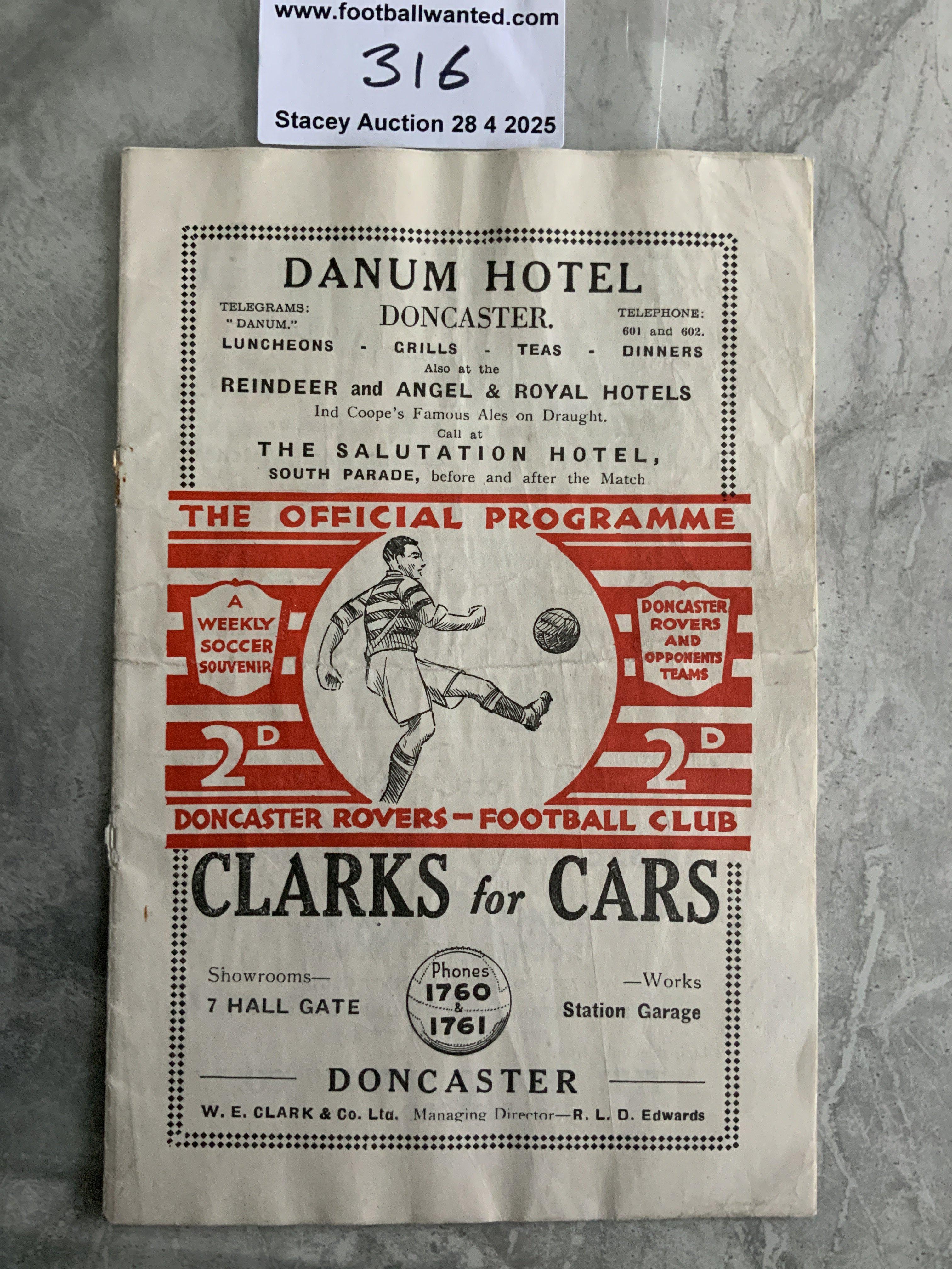 36/37 Doncaster Rovers v Swansea Football Programme: Good condition Division Two programme with no team changes. Staples removed not rotted away. Fold.