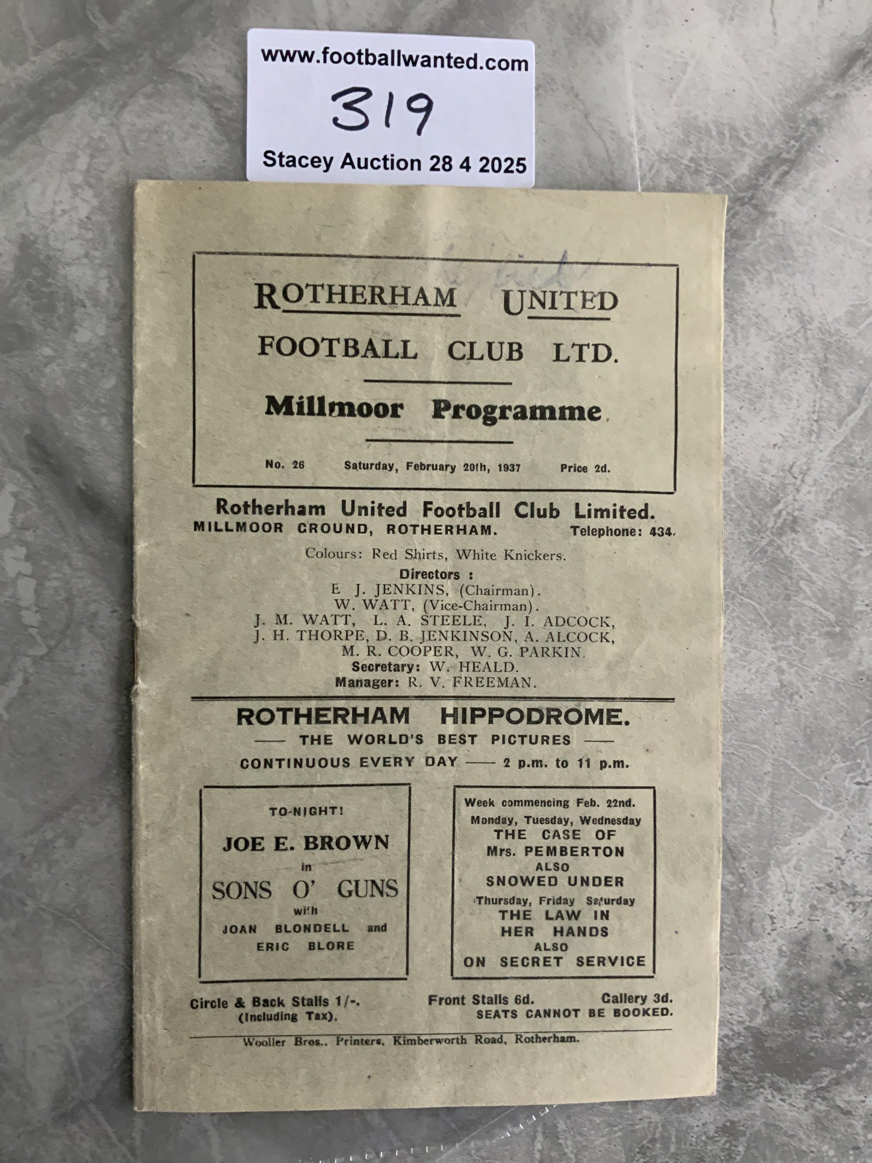 36/37 Rotherham v York City Football Programme: Very good condition Division Three programme with no team changes. Some half times filled out to rear.