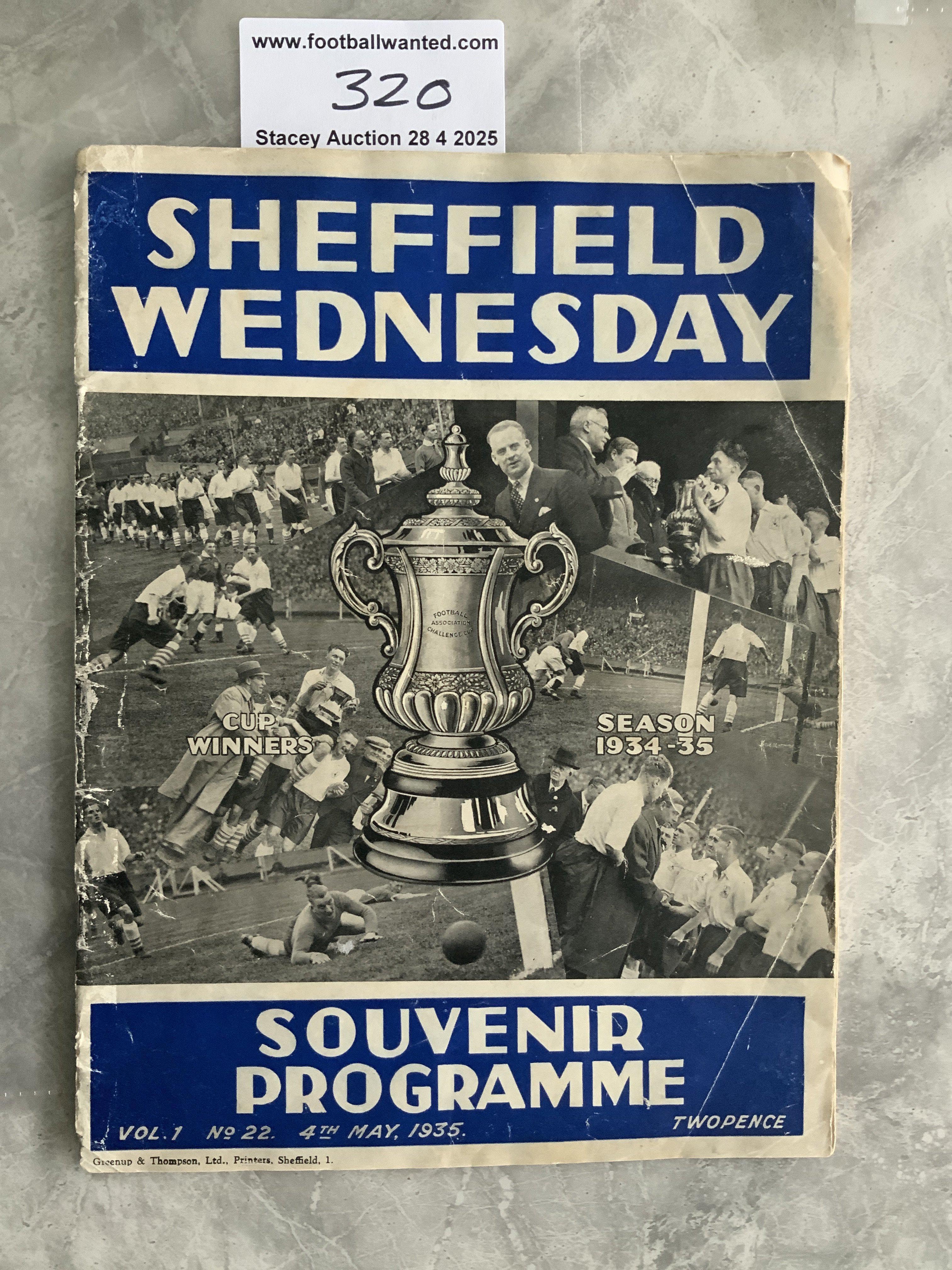 34/35 Sheffield Wednesday v Grimsby Cup Final Souvenir Football Programme: Fair condition Division One programme with no team changes. Insert and front cover to celebrate the winning of the FA Cup. Creasing and folding.