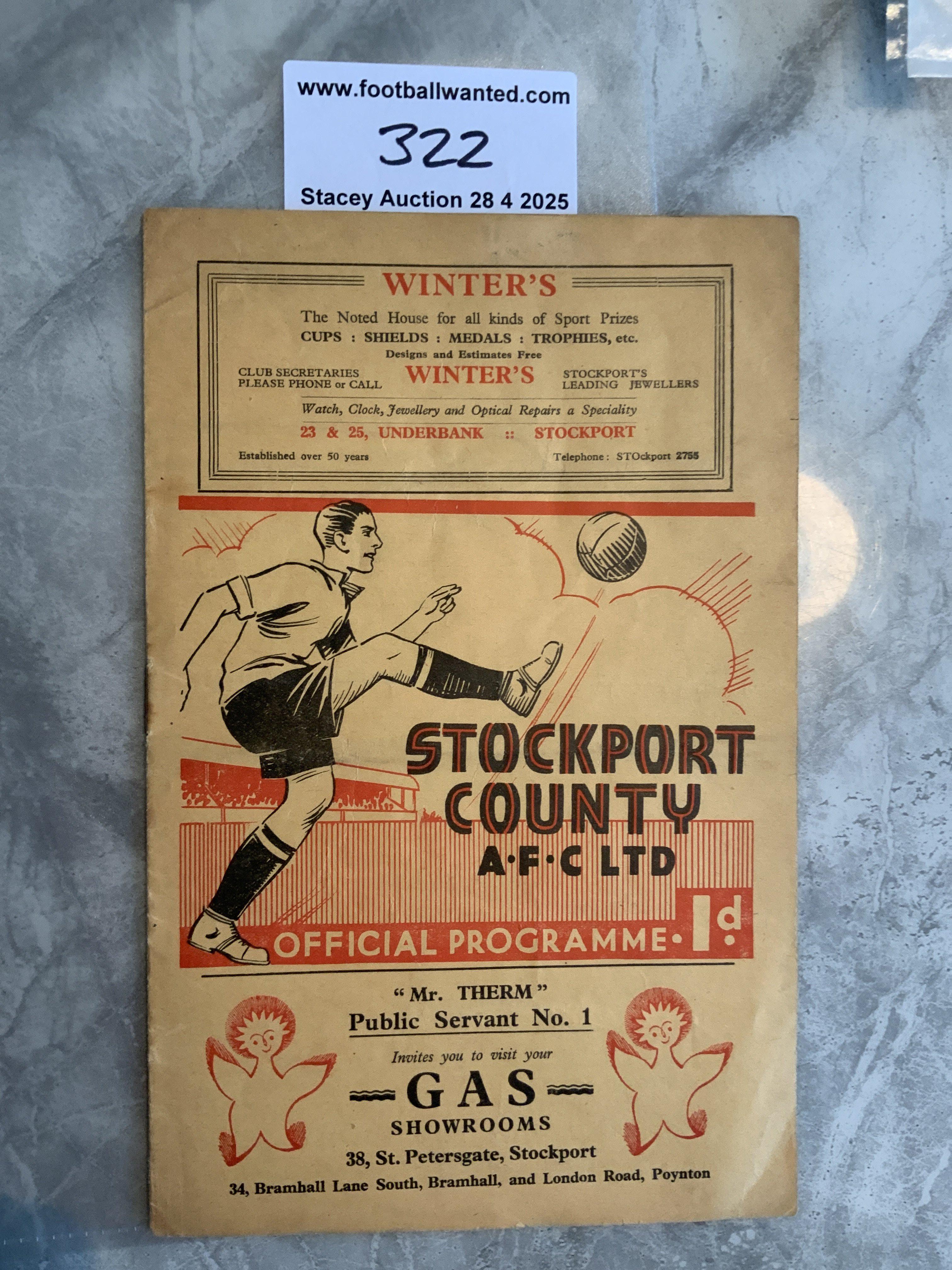 36/37 Stockport County v York City Football Programme: Very good condition Division Three programme with no team changes. Separate press cuttings stating a 6-0 win for Stockport in their championship season.