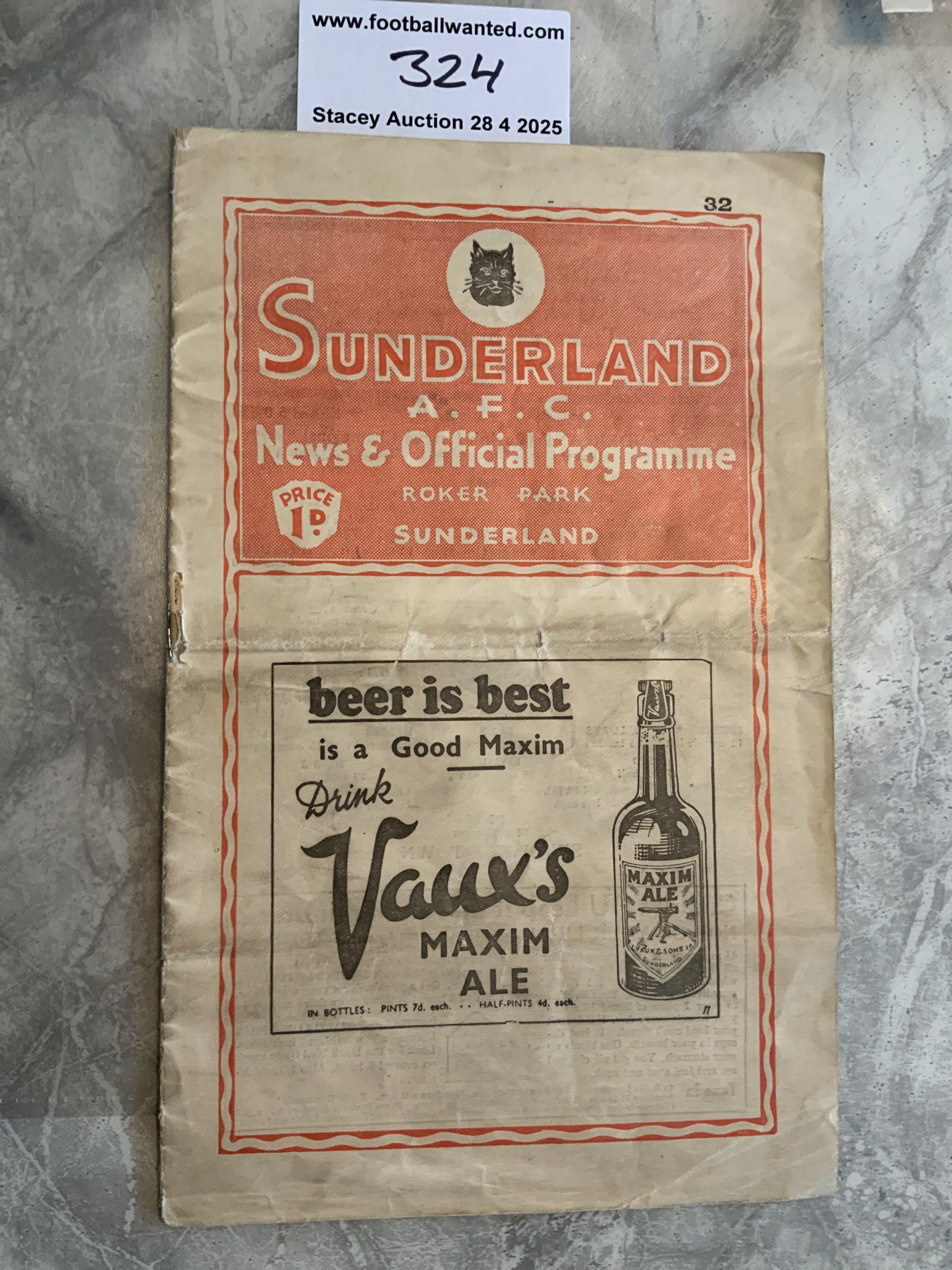 36/37 Sunderland v Swansea FA Cup Football Programme: Fair/good condition round 5 programme with no team changes. Small tear inside and handling marks. Sunderland went on to win the FA Cup.