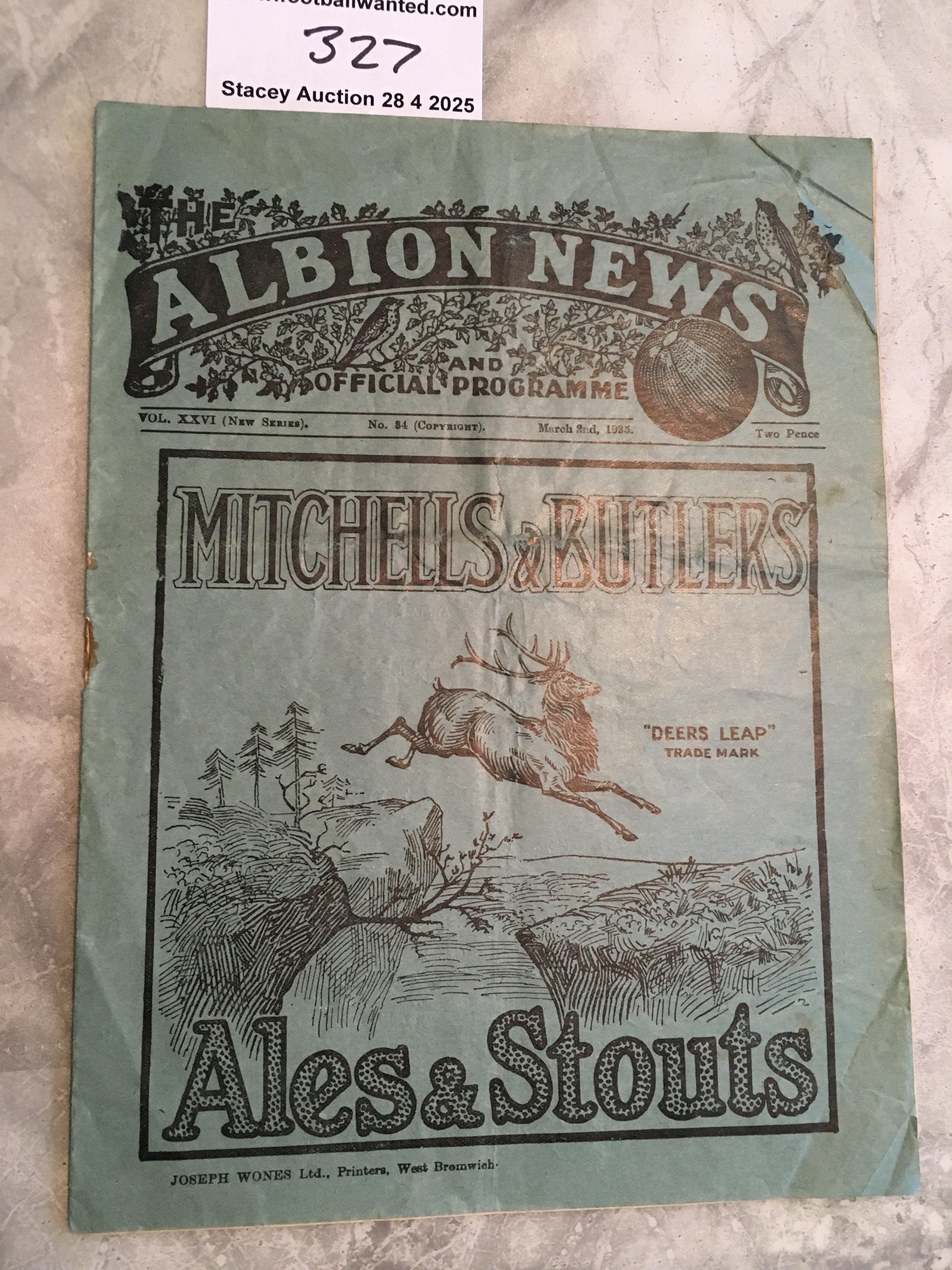 1934 - 1935 West Brom v Preston FA Cup Football Programme: Good condition programme with no team changes. Hole where staple used to be. Light creasing. West Brom got to the final this season.