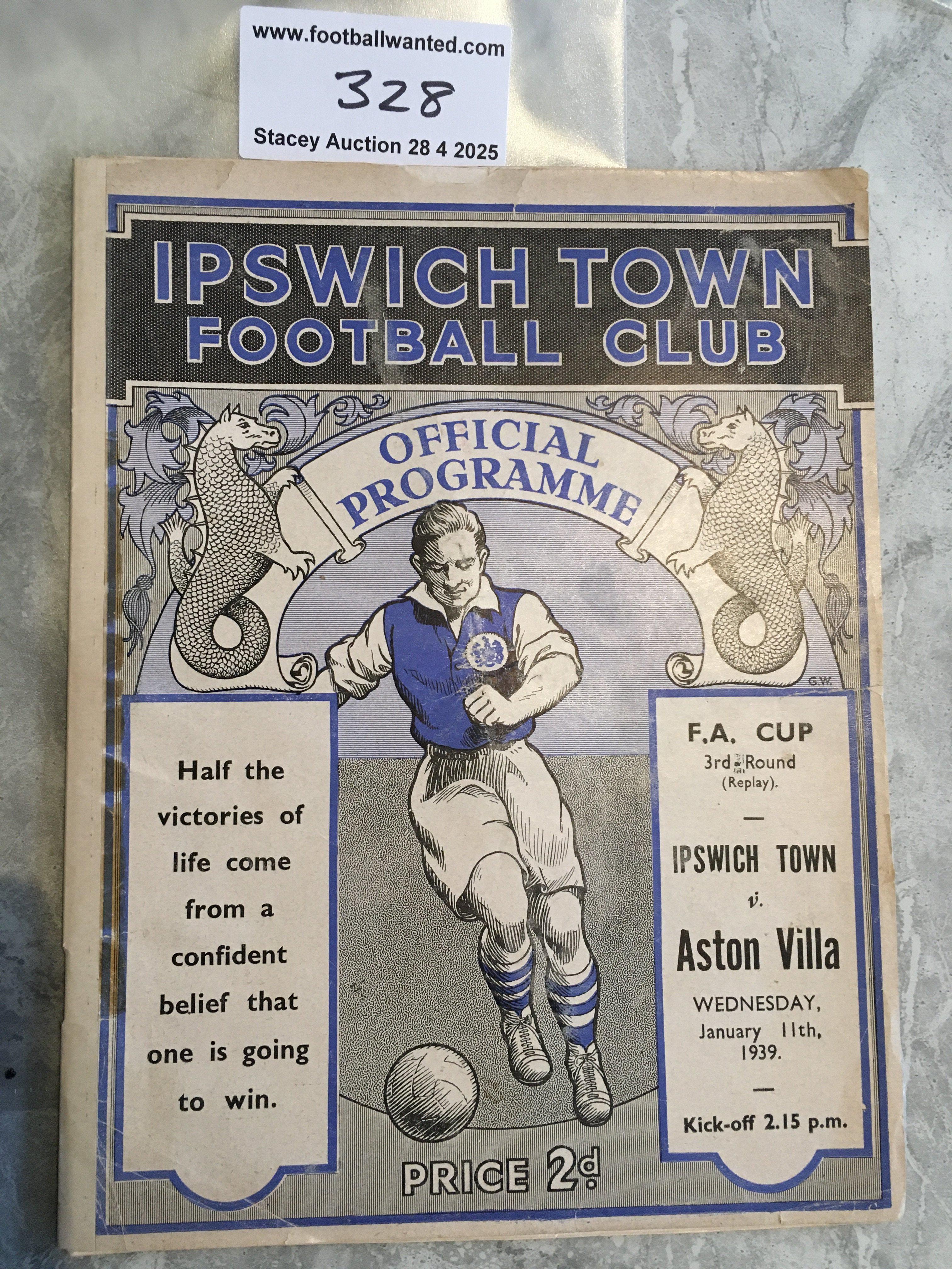 38/39 Ipswich Town v Aston Villa FA Cup Football Programme: Good condition programme with no team changes. Spine repairs with discreet tape to back page.