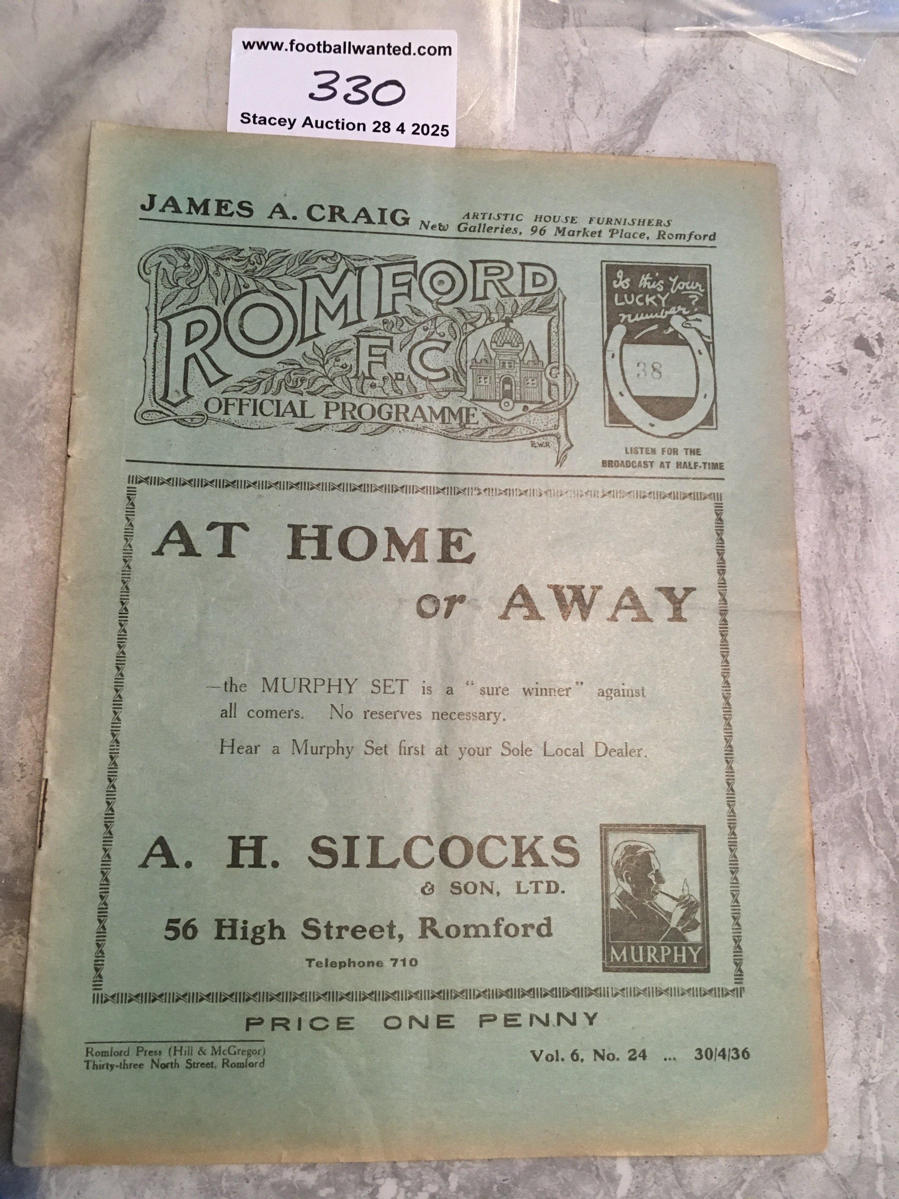 35/36 Romford v Bromley Football Programme: Excellent condition Athenian League programme with no team changes.