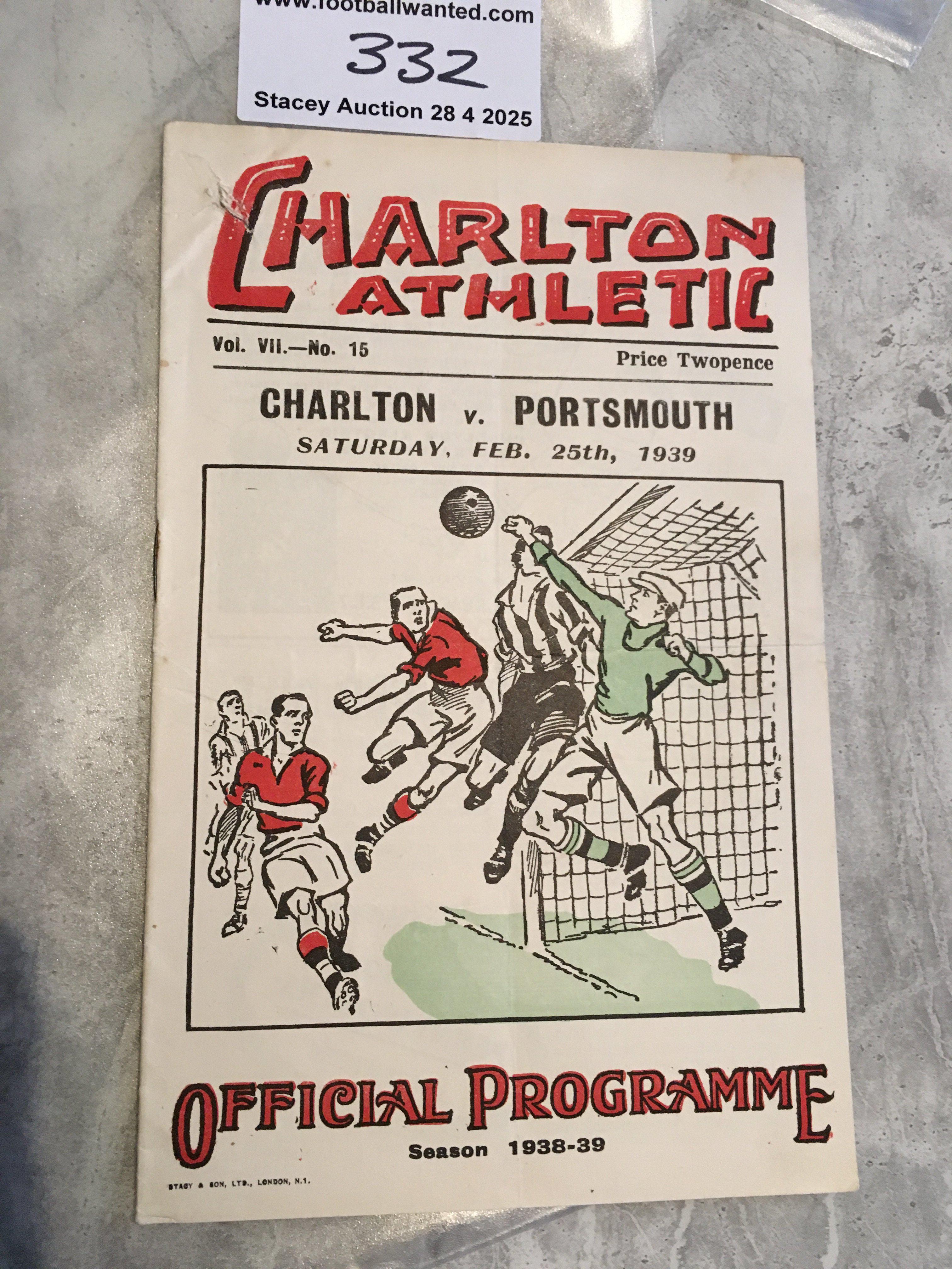 38/39 Charlton v Portsmouth Football Programme: Good condition Division One programme with no team changes. Score written inside and scuff to cover.