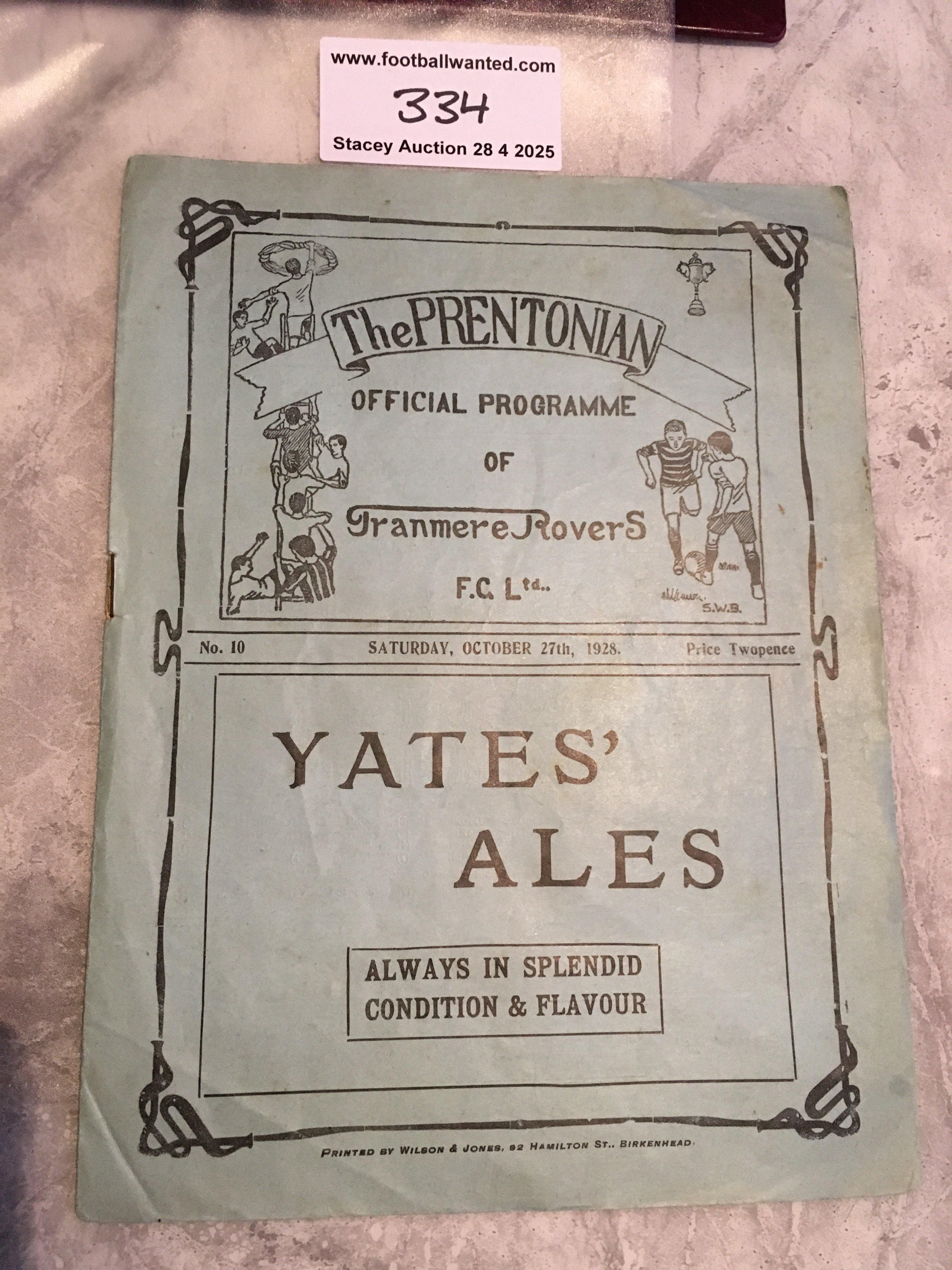 1928 - 1929 Tranmere Rovers v Witton Albion Football Programme: Excellent condition Cheshire County League programme with no team changes.