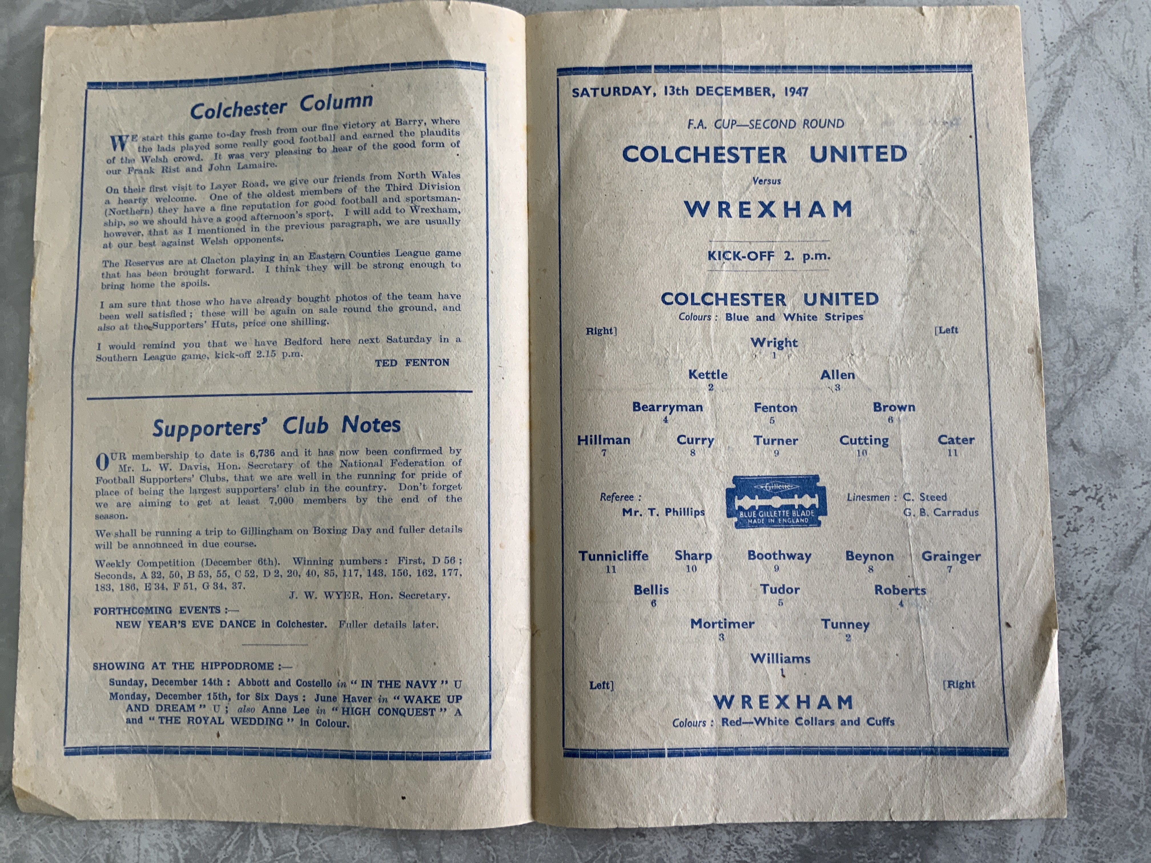 47/48 Colchester United v Wrexham FA Cup Football Programme: Good condition with no team changes from the 2nd round proper.