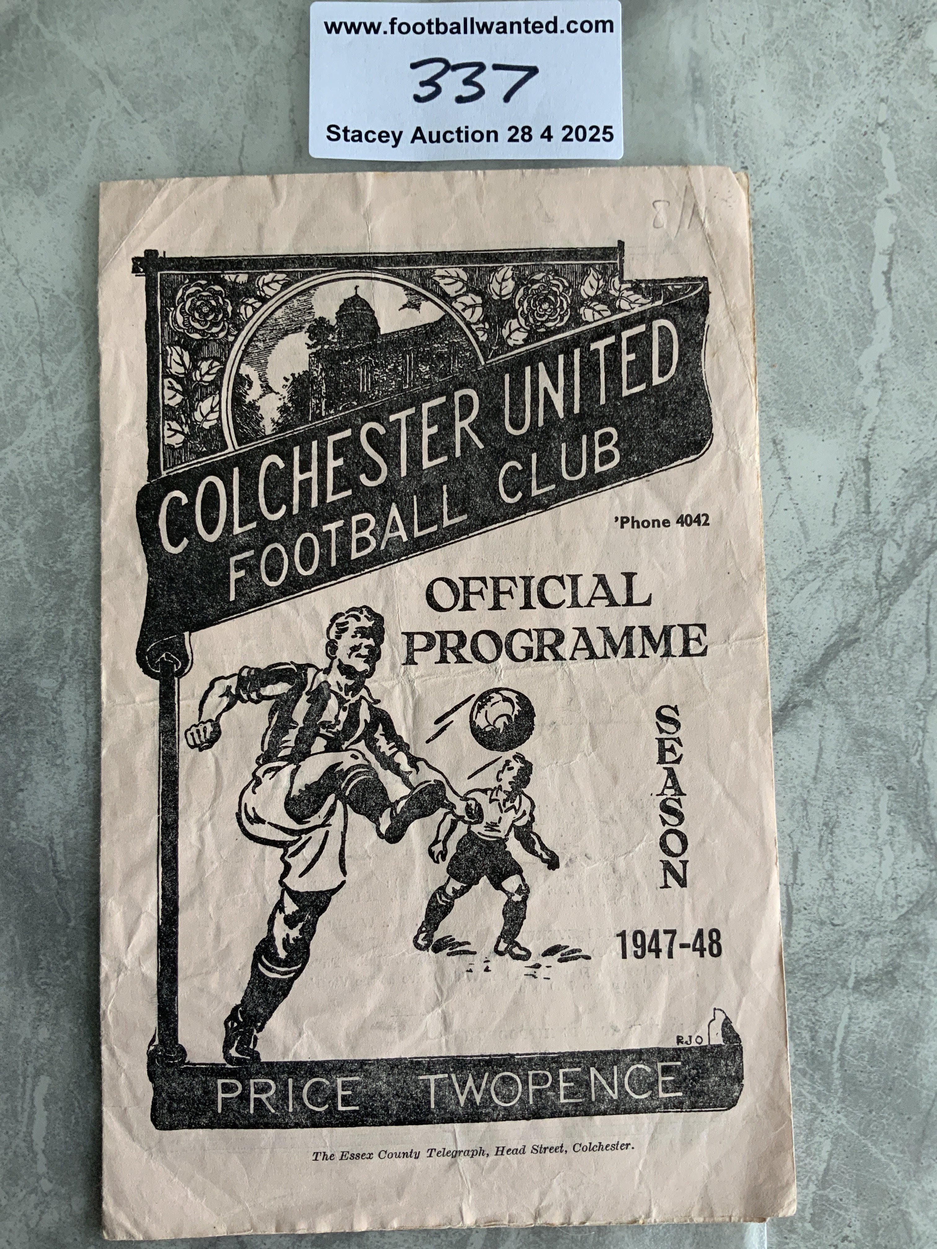 47/48 Colchester United v Norwich City A Football Programme: Good condition with no team changes. Eastern Counties League dated 8 11 1947. Creasing.