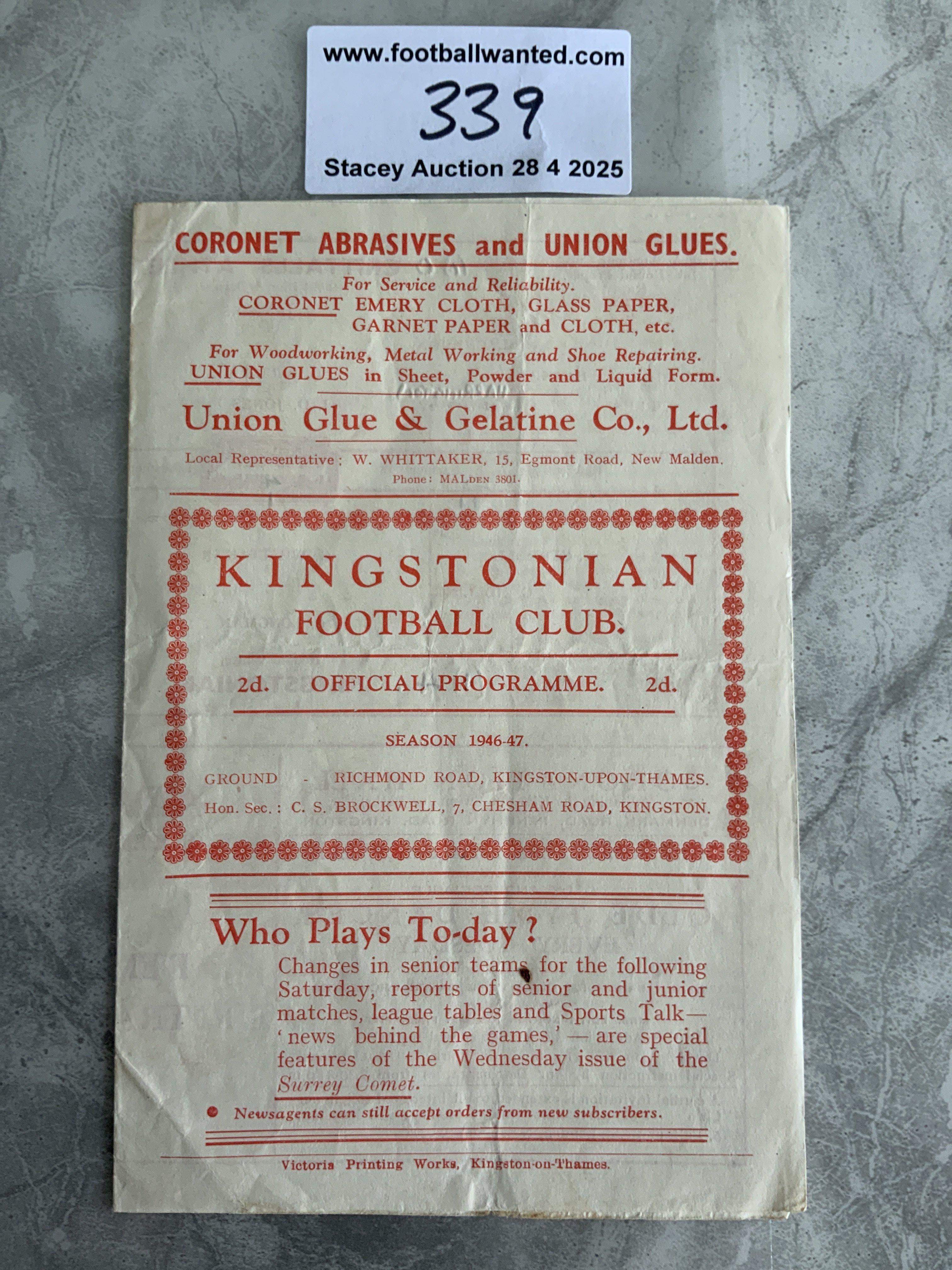 46/47 Kingstonian v Crittalls Athletic Programme: Good condition Amateur Cup programme no team changes but scorers noted. Dated 18 1 1947.