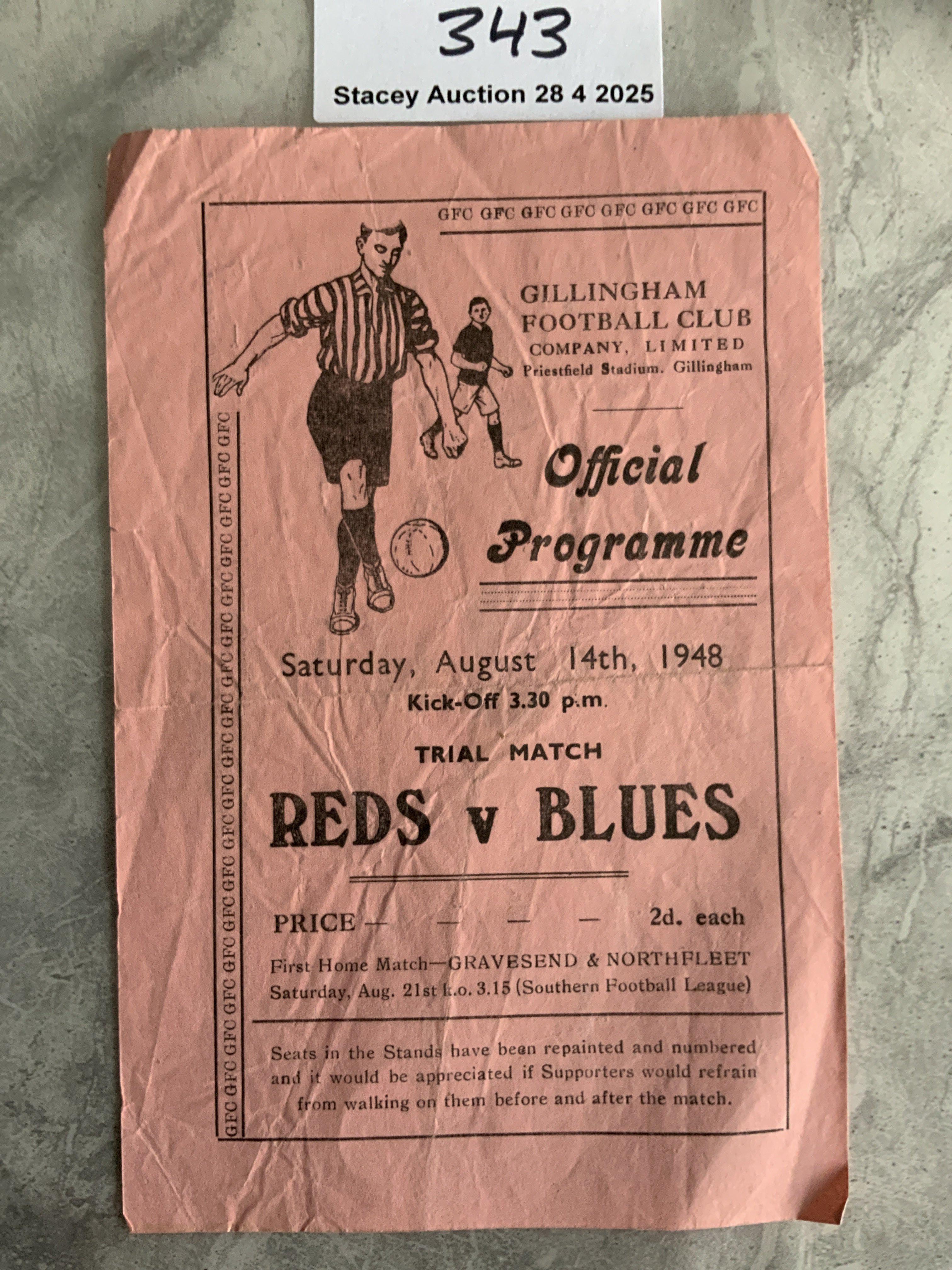 1948 Gillingham Practice Match Football Programme: Good condition Blues v Reds programme with no team changes. Dated 14 8 1948. Creasing.