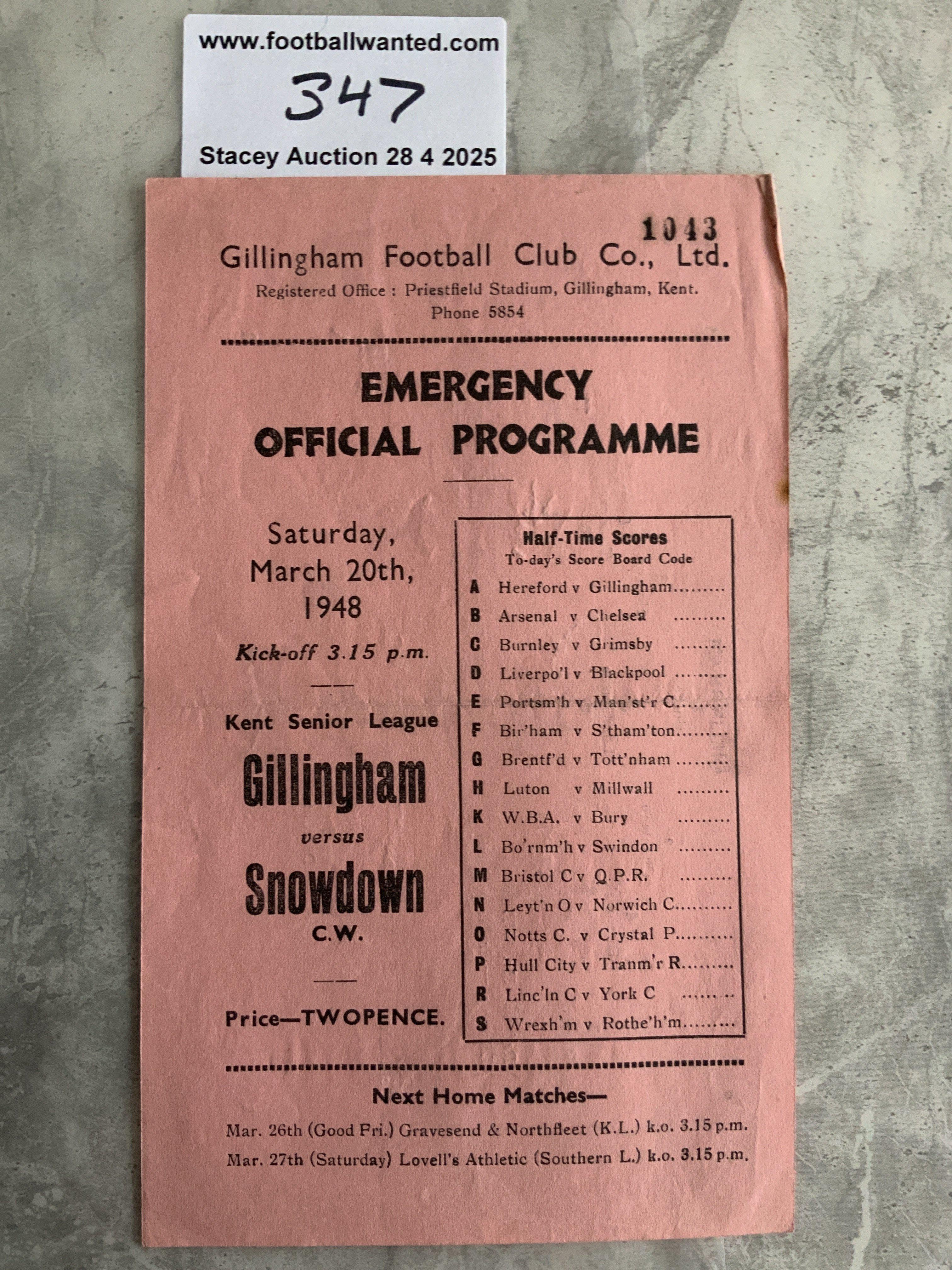 47/48:Gillingham v Snowdown Welfare Colliery Football Programme: Very good condition single sheet programme with no team changes. Dated 20 3 1948 from the Kent Senior League.