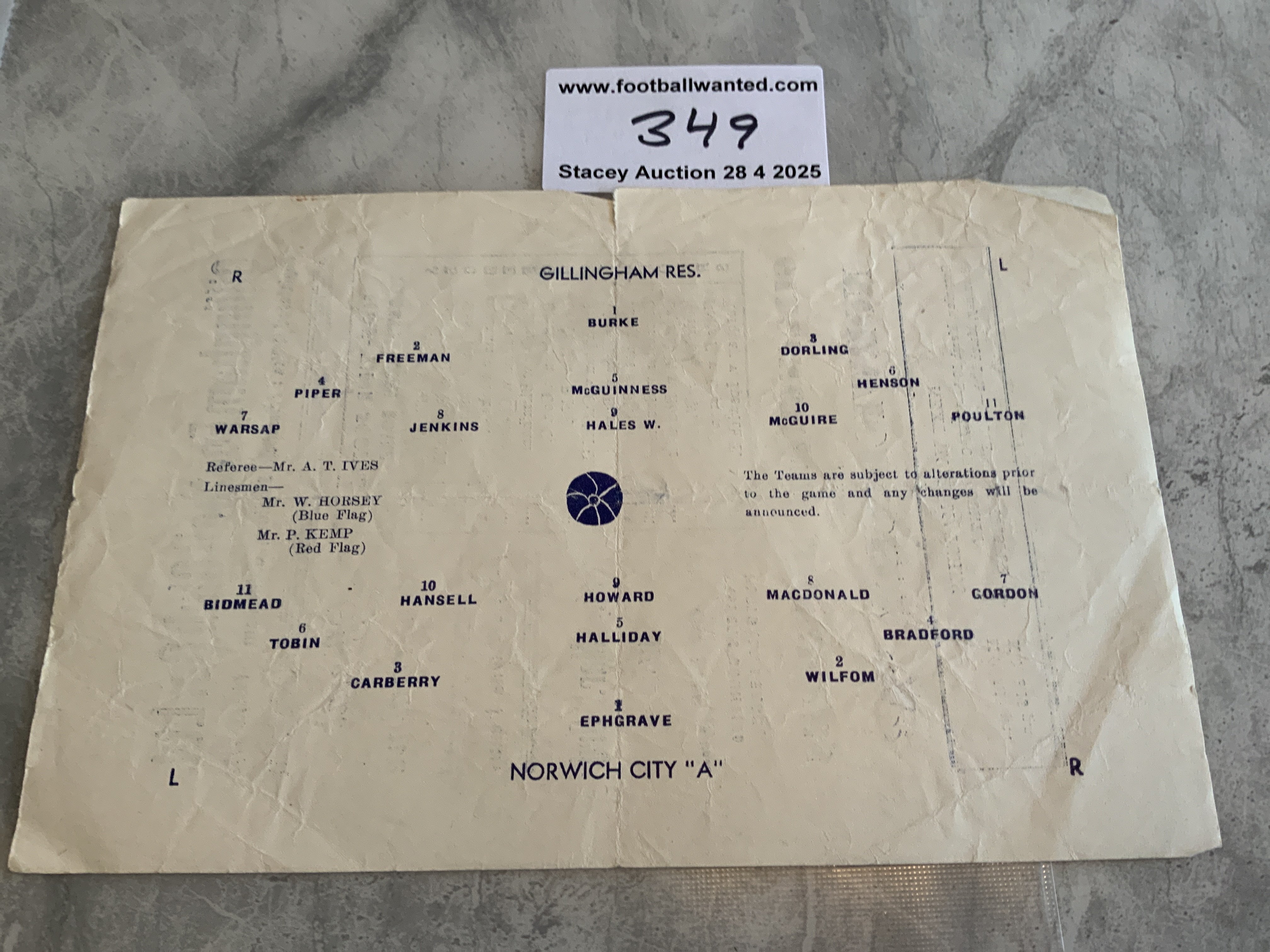50/51 Gillingham Reserves v Norwich A Football Programme: Fair condition single sheet programme with no team changes. Dated 3 3 1951 from the Eastern Counties League. Small tear on fold.