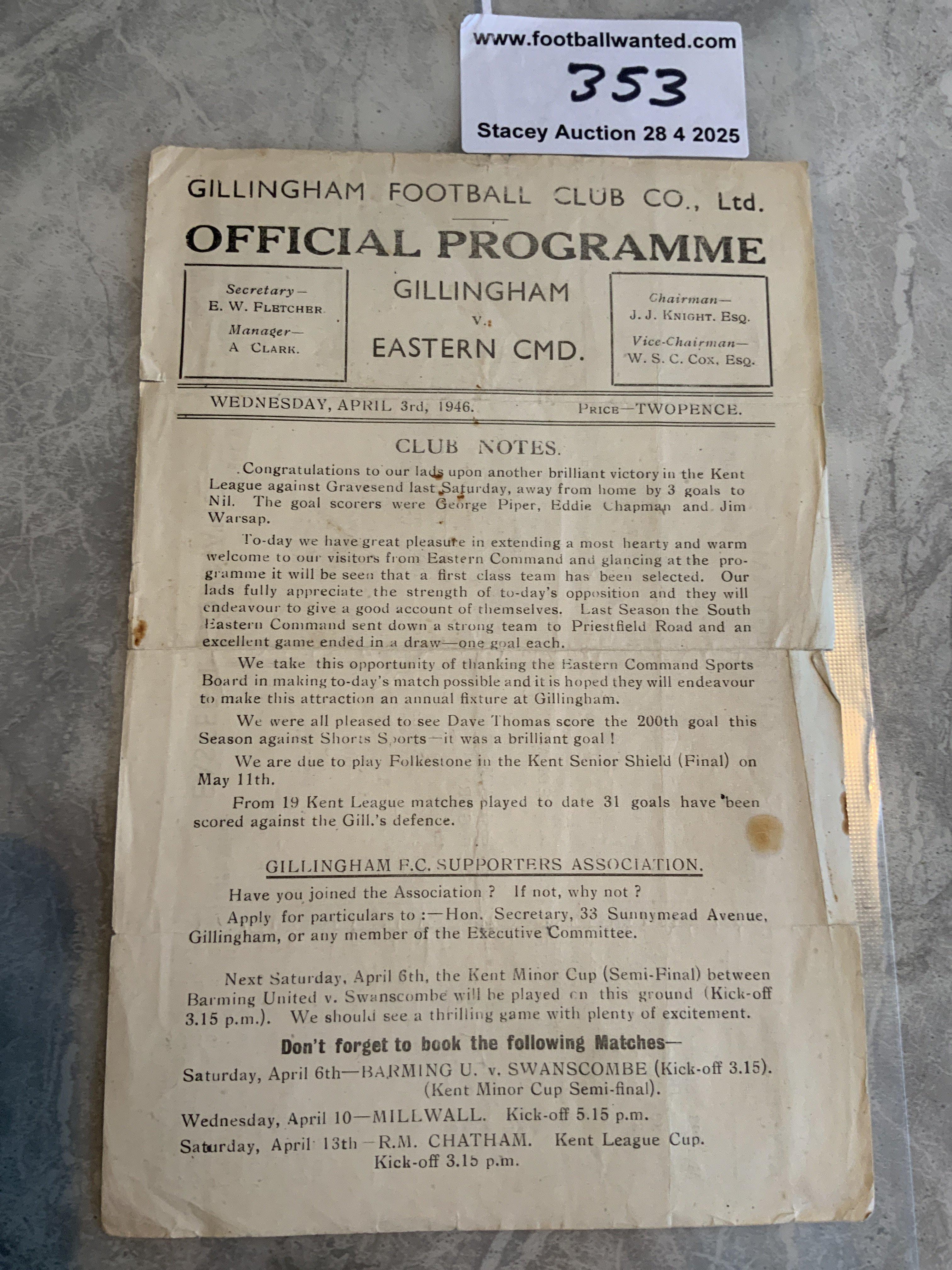 45/46 Gillingham v Eastern Command Football Programme: Fair condition single sheet programme with no team changes. Dated 3 4 1946 from the Kent League. Few small tears to border.