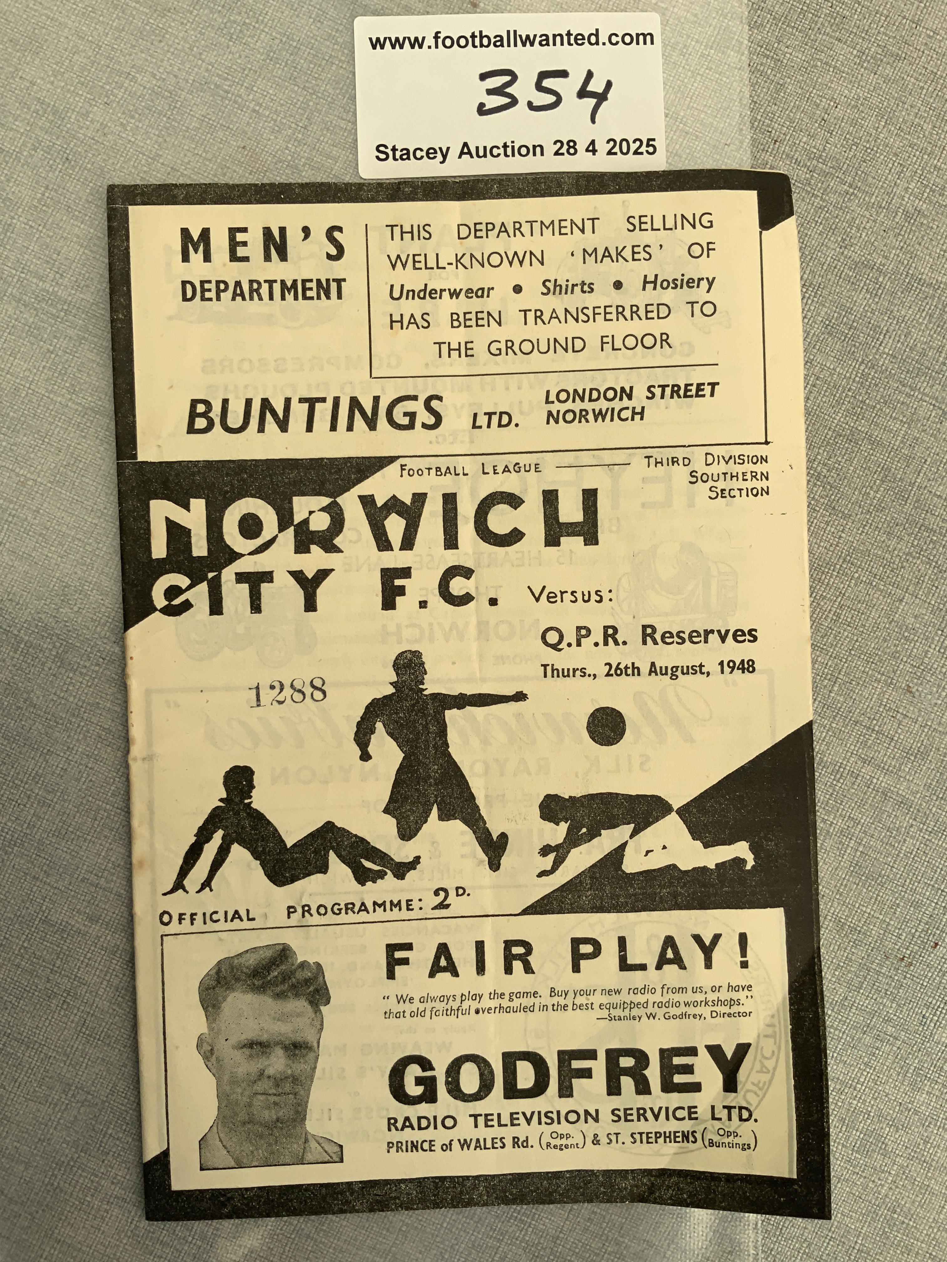 48/49 Norwich City v QPR Reserves Football Programme: Very good condition with score to team page. Football Combination.