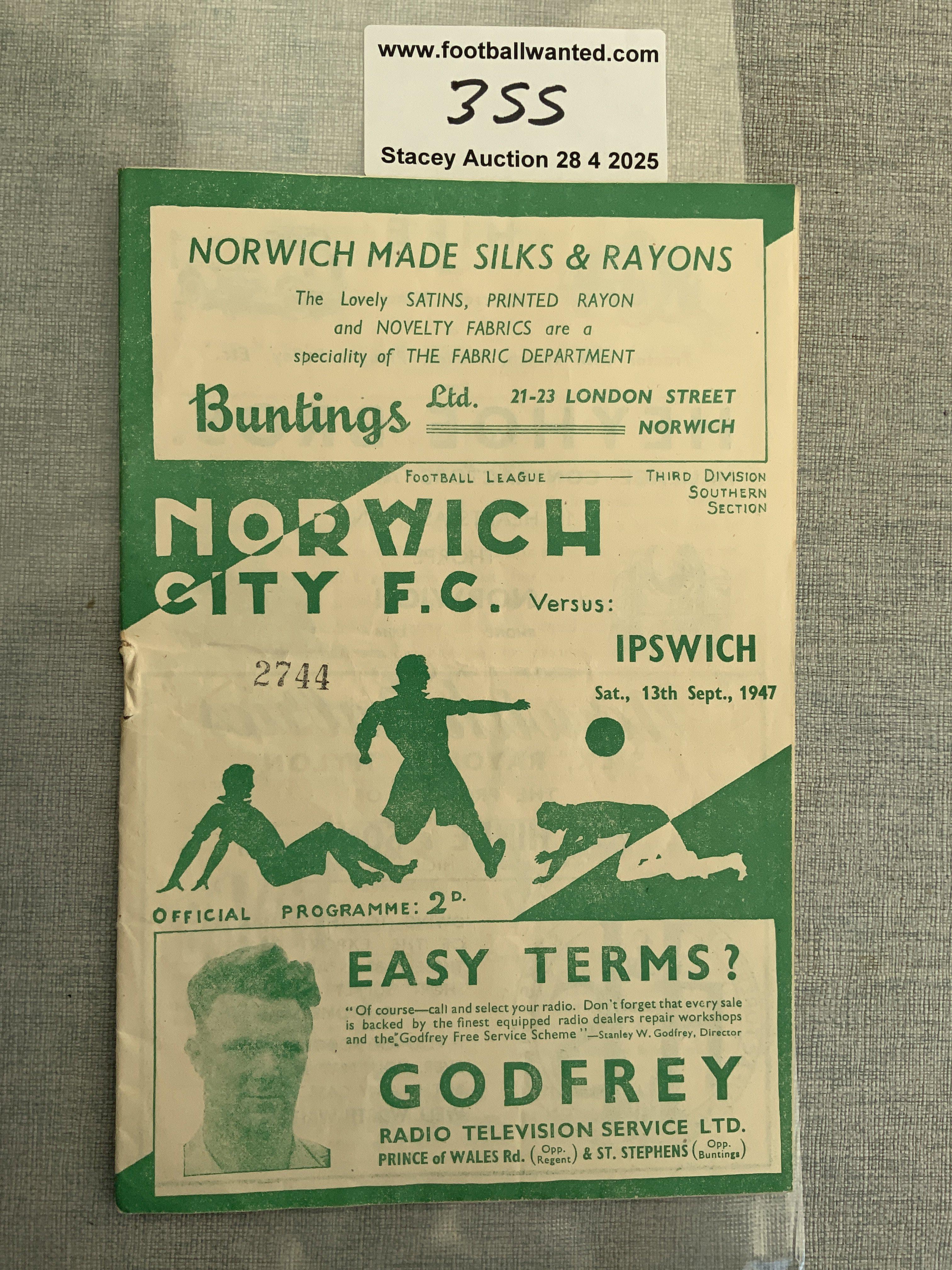 47/48 Norwich City v Ipswich Town Football Programme: Very good condition with pencilled team changes.