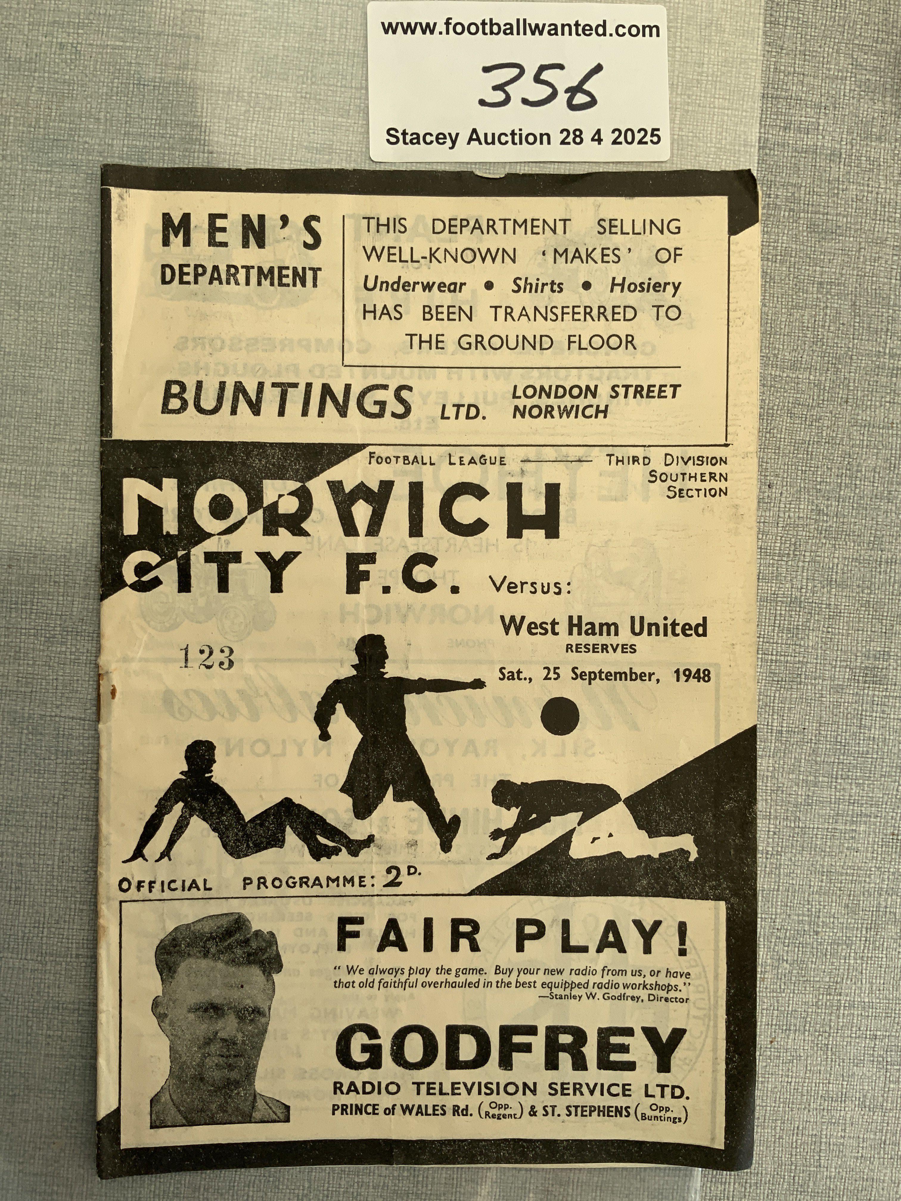 48/49 Norwich City v West Ham Reserves Football Programme: Very good condition with score to team page. Football Combination.