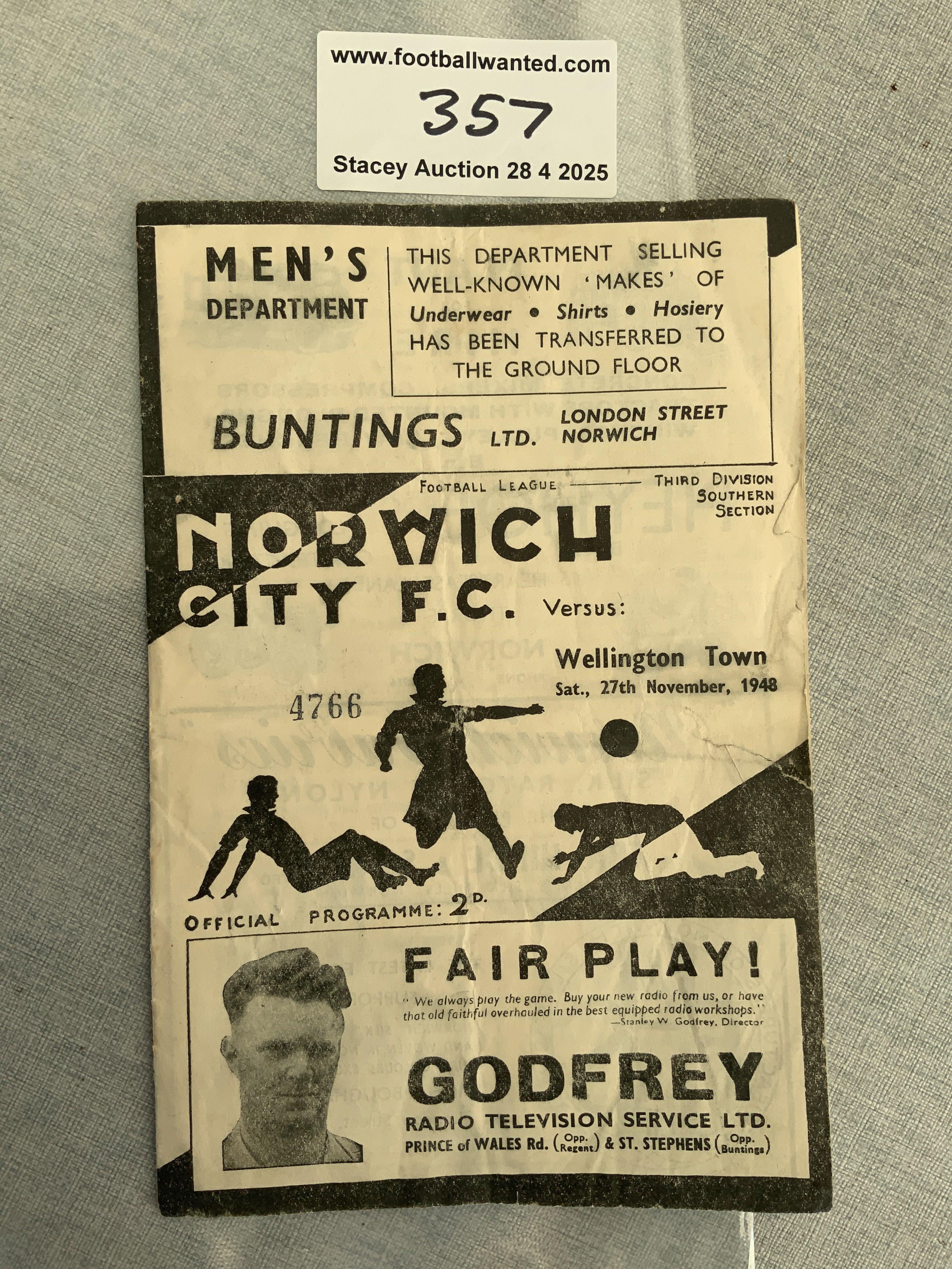 47/48 Norwich City v Wellington Town FA Cup Football Programme: Fair/good condition with score to team page. Tear to cover.