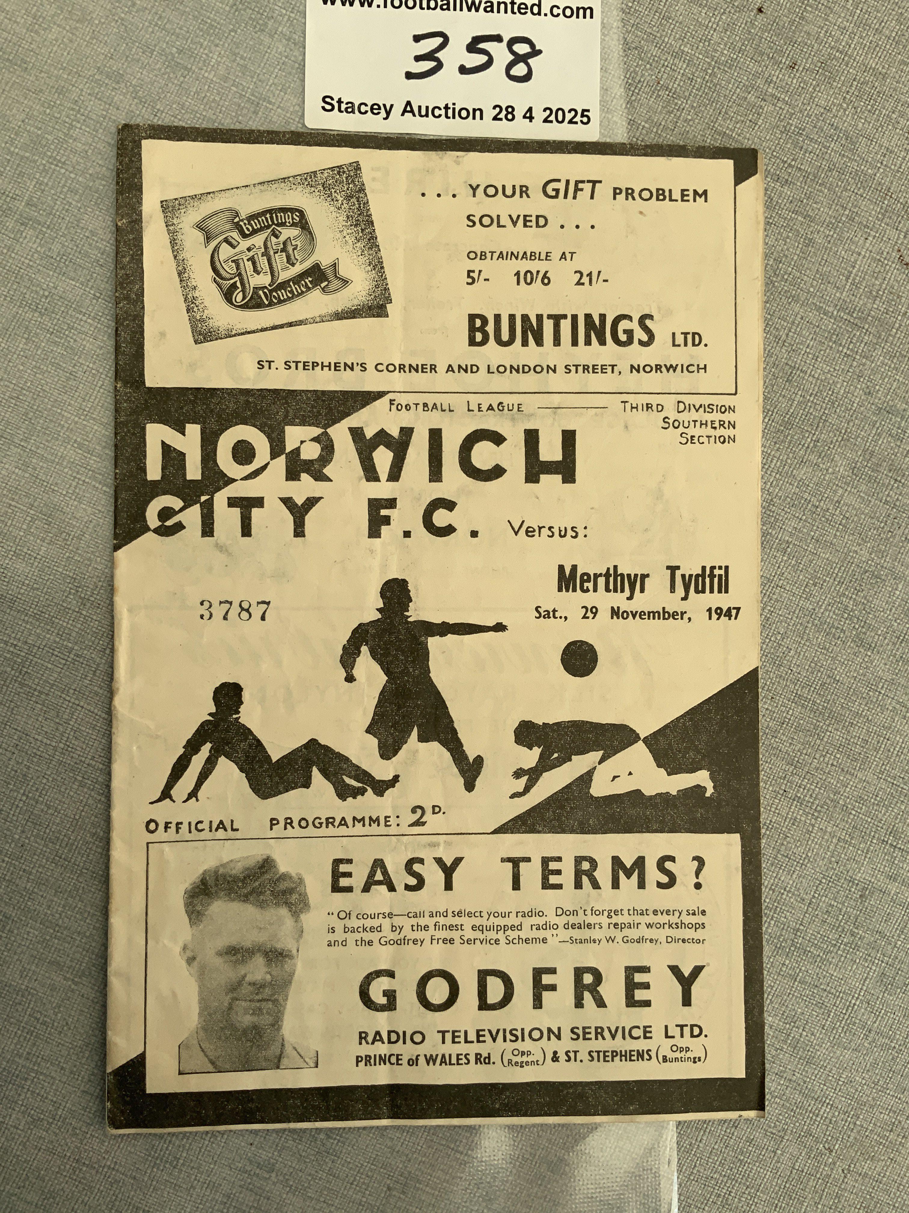 47/48 Norwich City v Merthyr Tydfil FA Cup Football Programme: Good condition with score to team page.