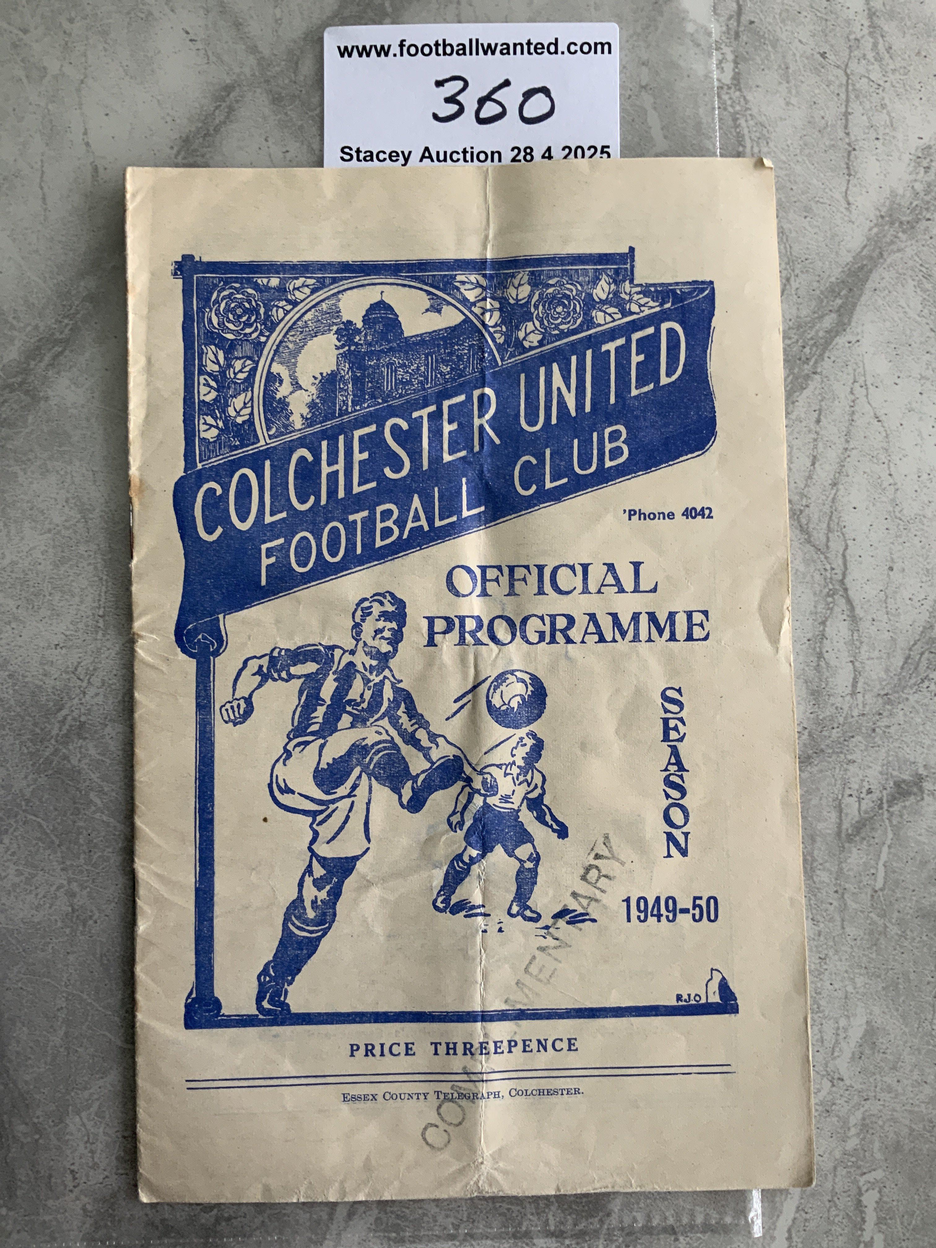 49/50 Colchester United v Lovells Football Programme: Good condition with no team changes from the last season for Colchester in the Southern League. Dated 5 11 1949 with score to team page. Folding.