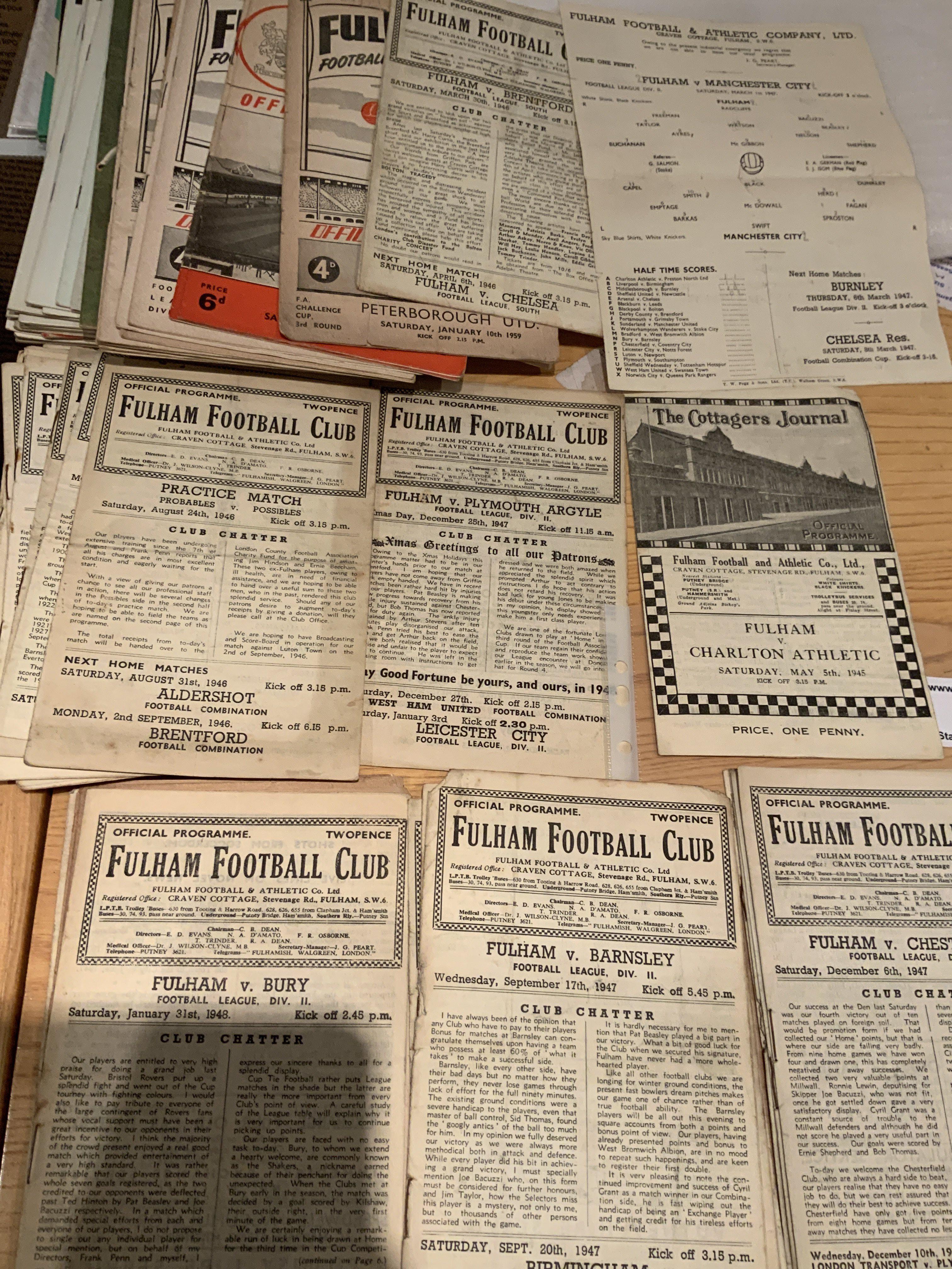 Fulham Home Football Programmes: 44/45 Charlton, 45/46 Brentford, 46/47 x 14 including single sheet v Manchester City and Practice Match, 47/48 x 16 and around 30 from the late 50s to 1968. Mainly good.