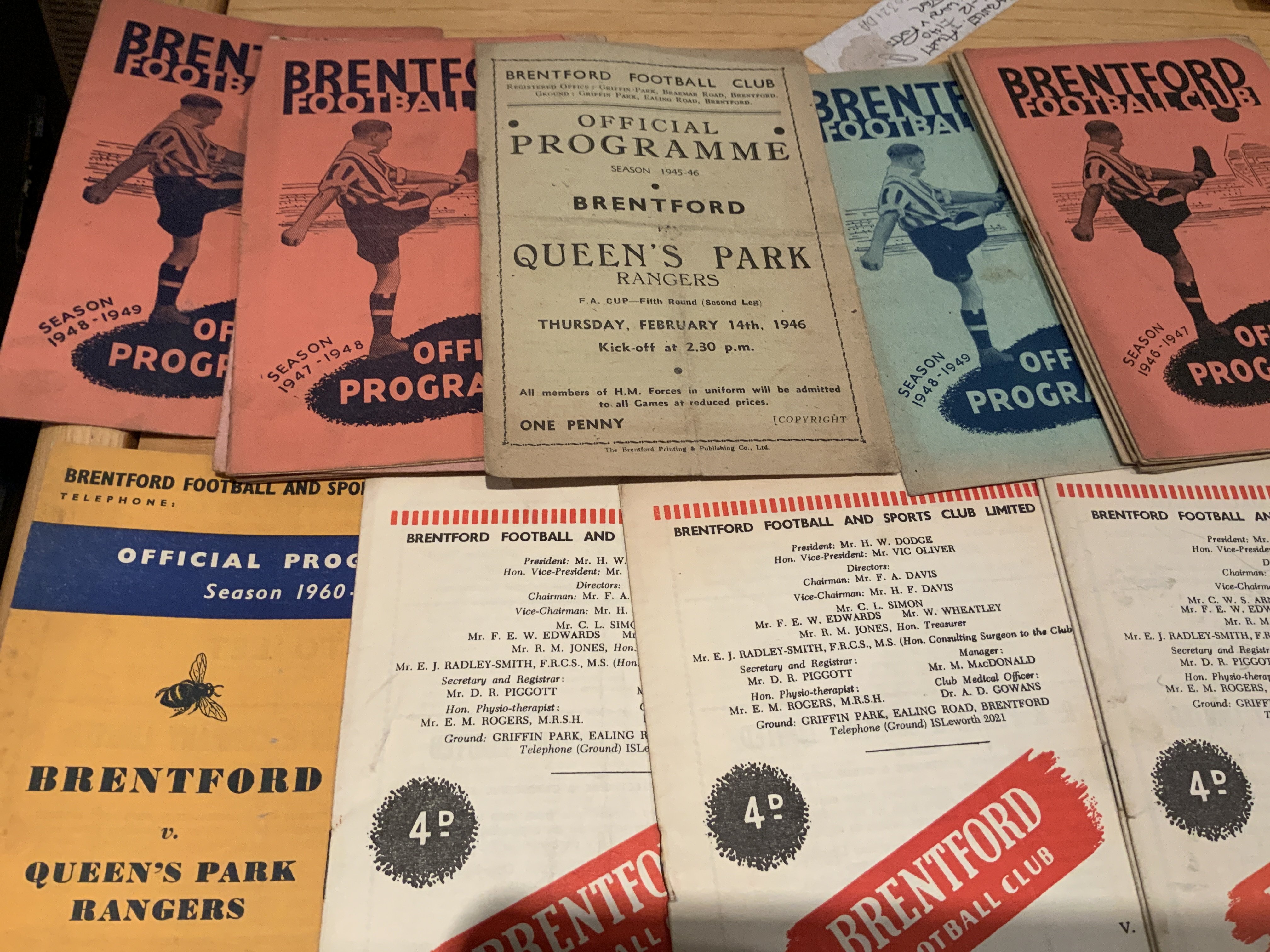 Brentford Home Football Programmes: 45/46 QPR F A Cup, 46/47 x 7, 47/48 x 8, 48/49 x 2 and 6 from 49/50 to 52/53 and a few later. Mainly good. (29)