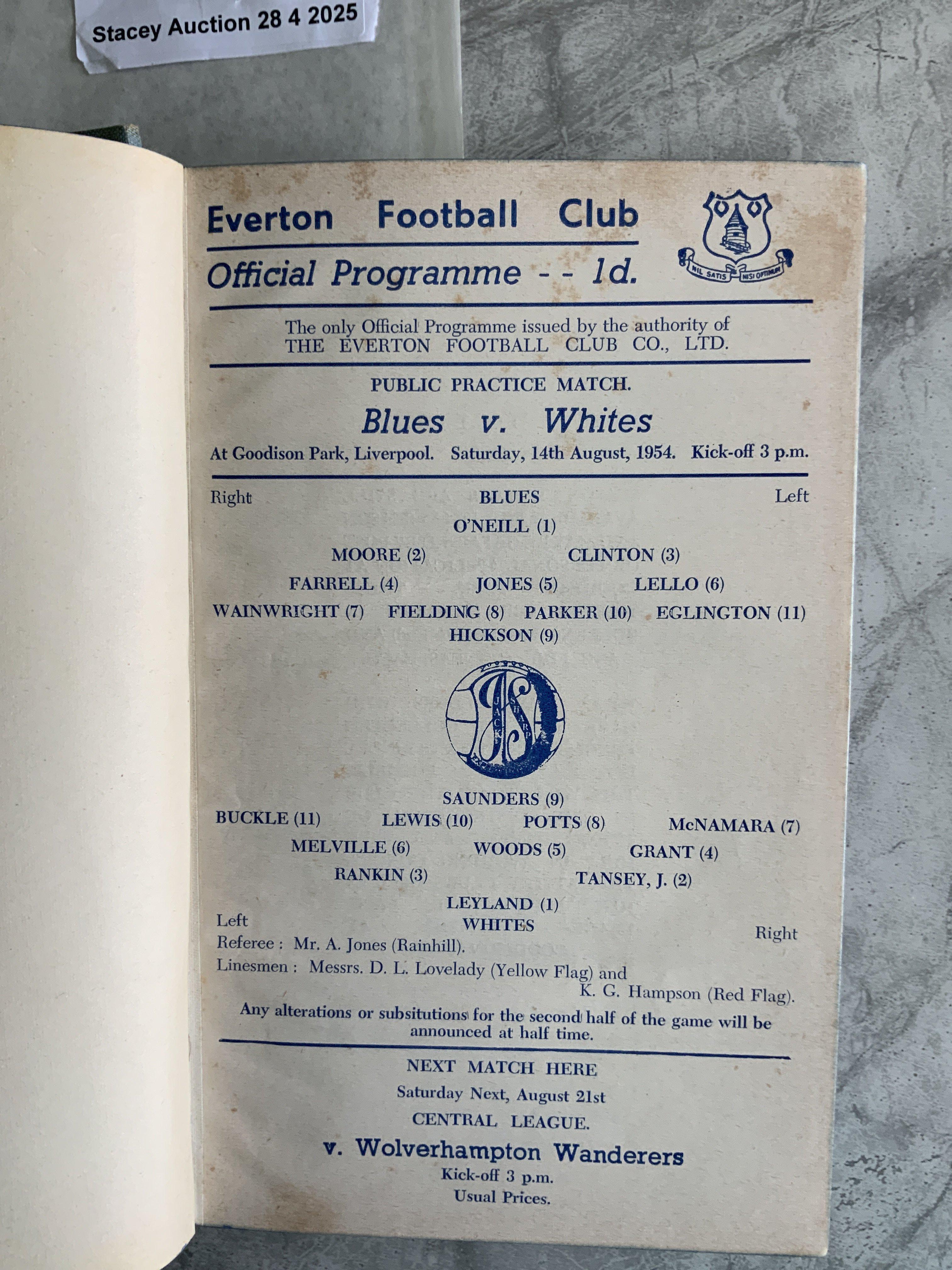 54/55 Everton Bound Volume Of Football Programmes: Numbered 1- 49 with covers intact. Includes practice match, Central League v The Rest, Liverpool FA Youth v Eire Youth, Everton A v Burscough and first team friendlies v The Army + Sodlington. Spine reads Everton FC 1954-55.
