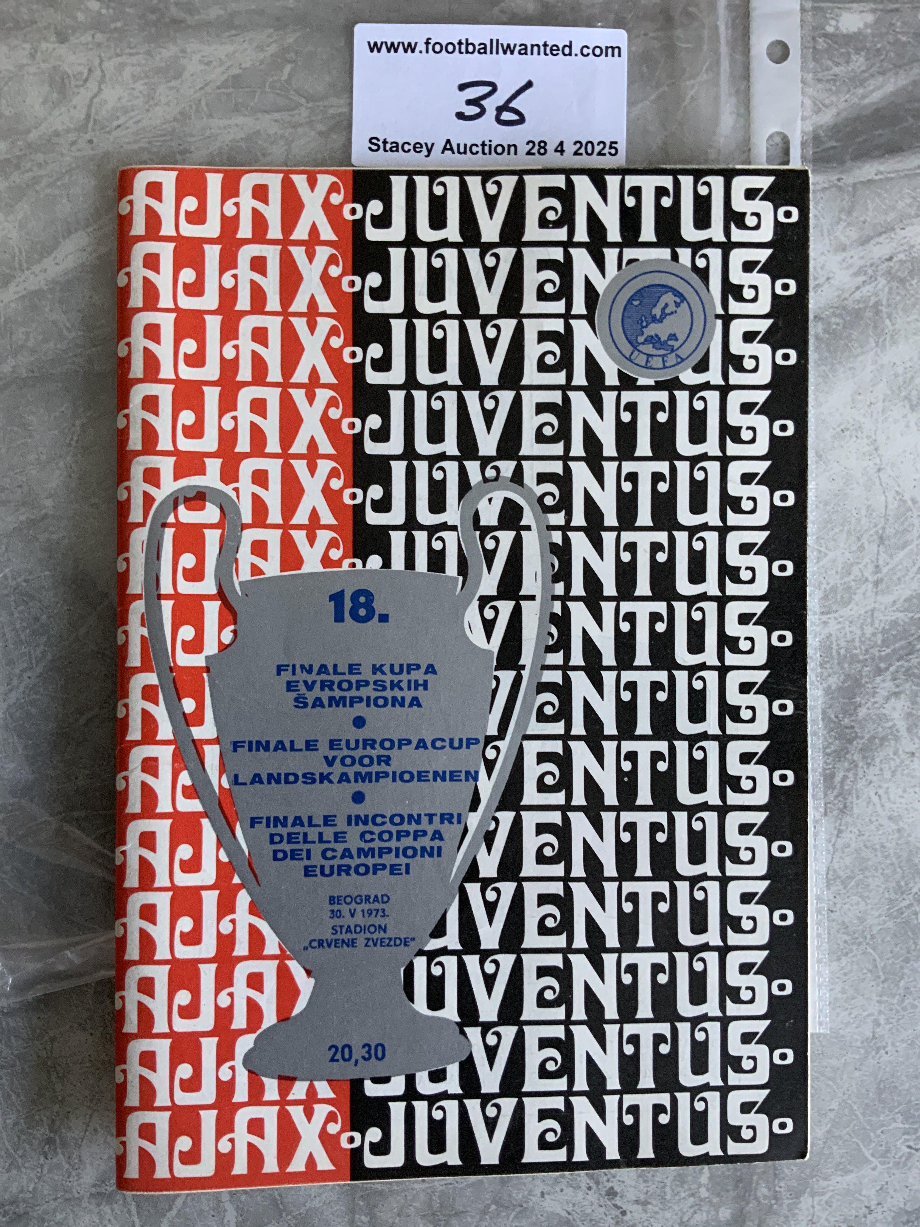 1973 European Cup Final Football Programme: Ajax v Juventus original excellent condition programme with no team changes. Purchased from a top source as there are reprints and we have enclosed one with this lot so you can determine the difference.