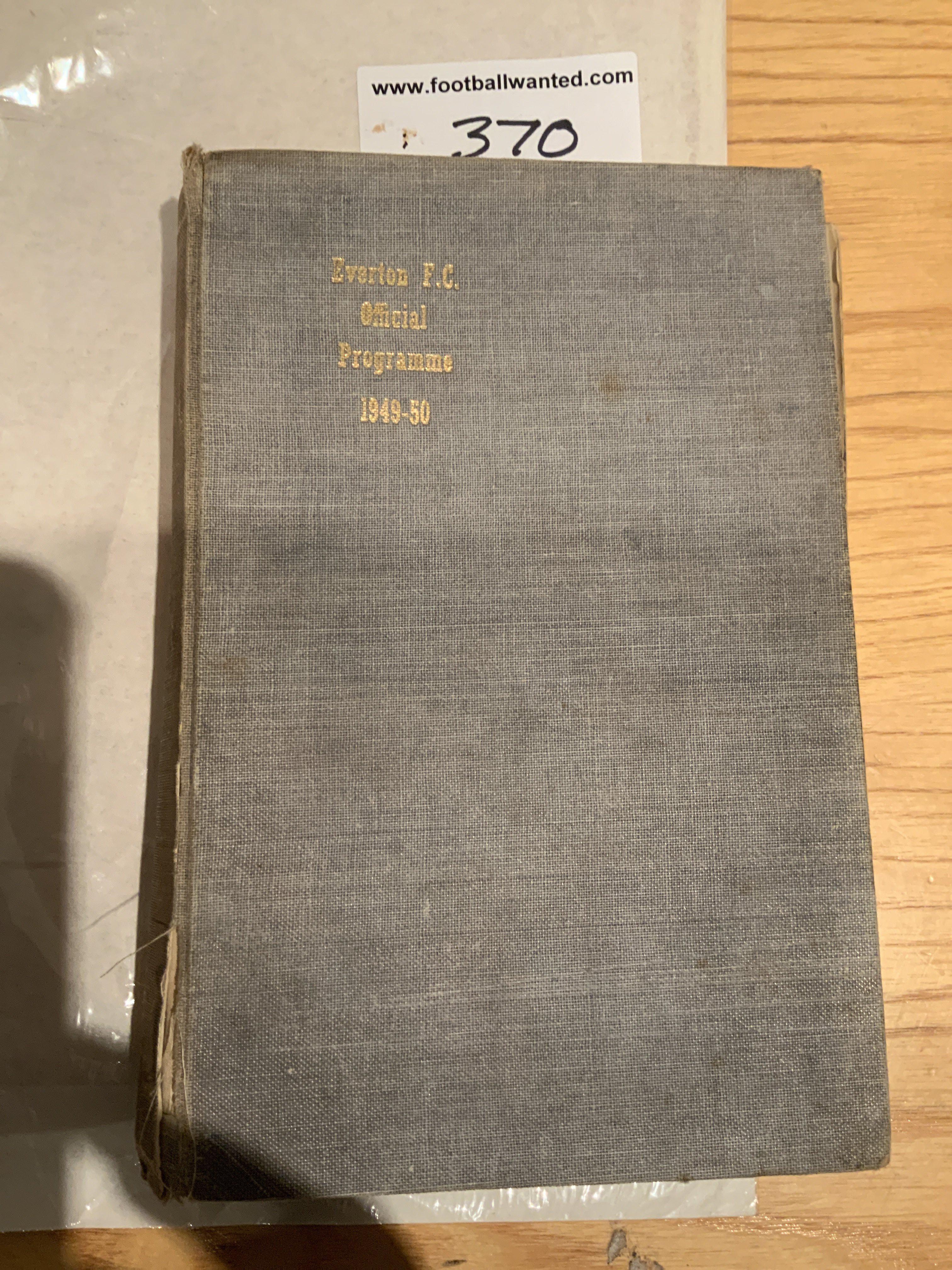 49/50 Everton Bound Volume Of Football Programmes: Numbered 1- 45 with covers intact. Includes 1st team, Central League, International, Schoolboys and a Lancs Senior Cup. Spine a bit tatty but programmes excellent.