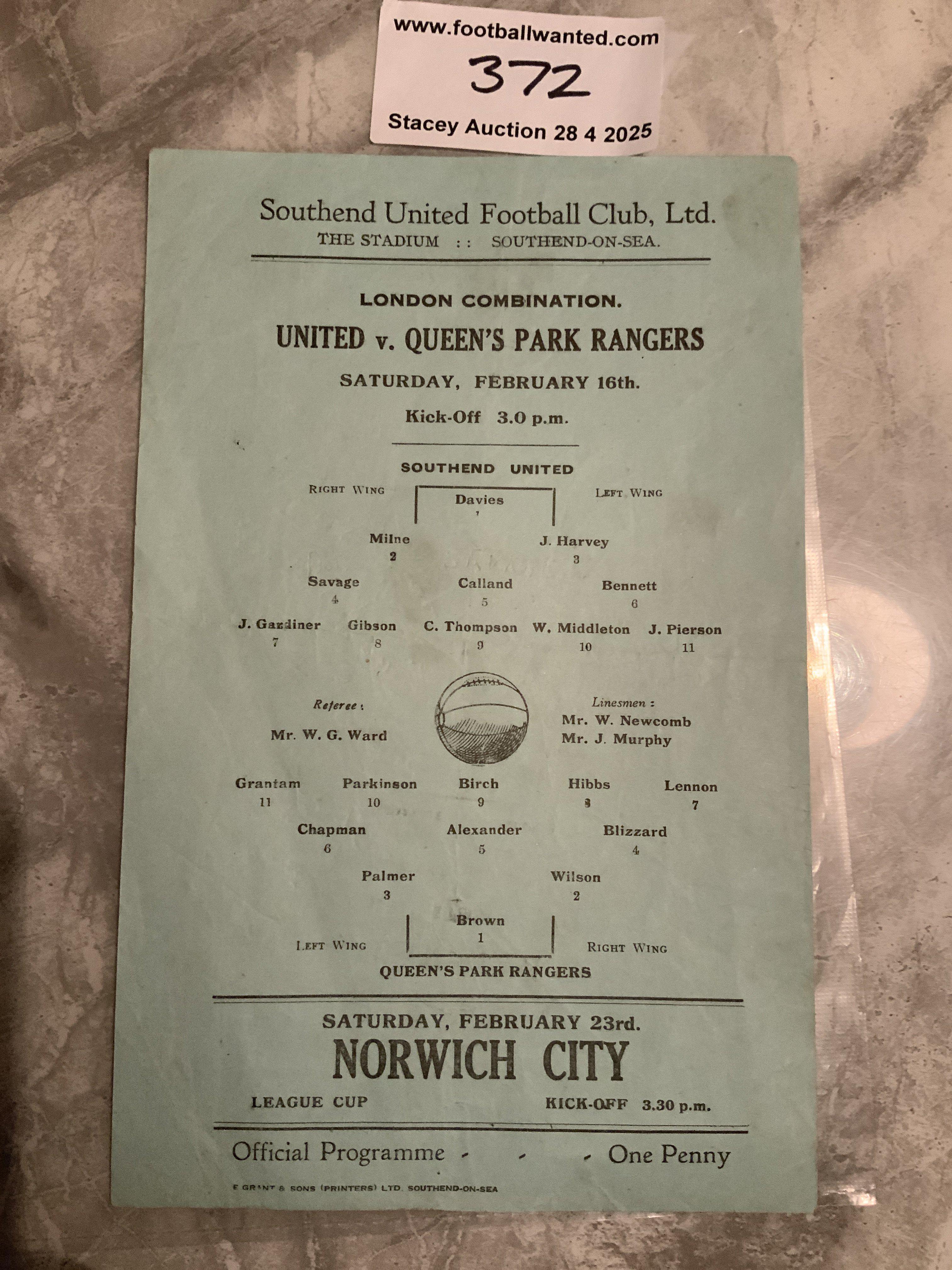 45/46 Southend United v QPR Reserves Football Programme: Single sheet London Combination match in good condition with no team changes. Light fold.
