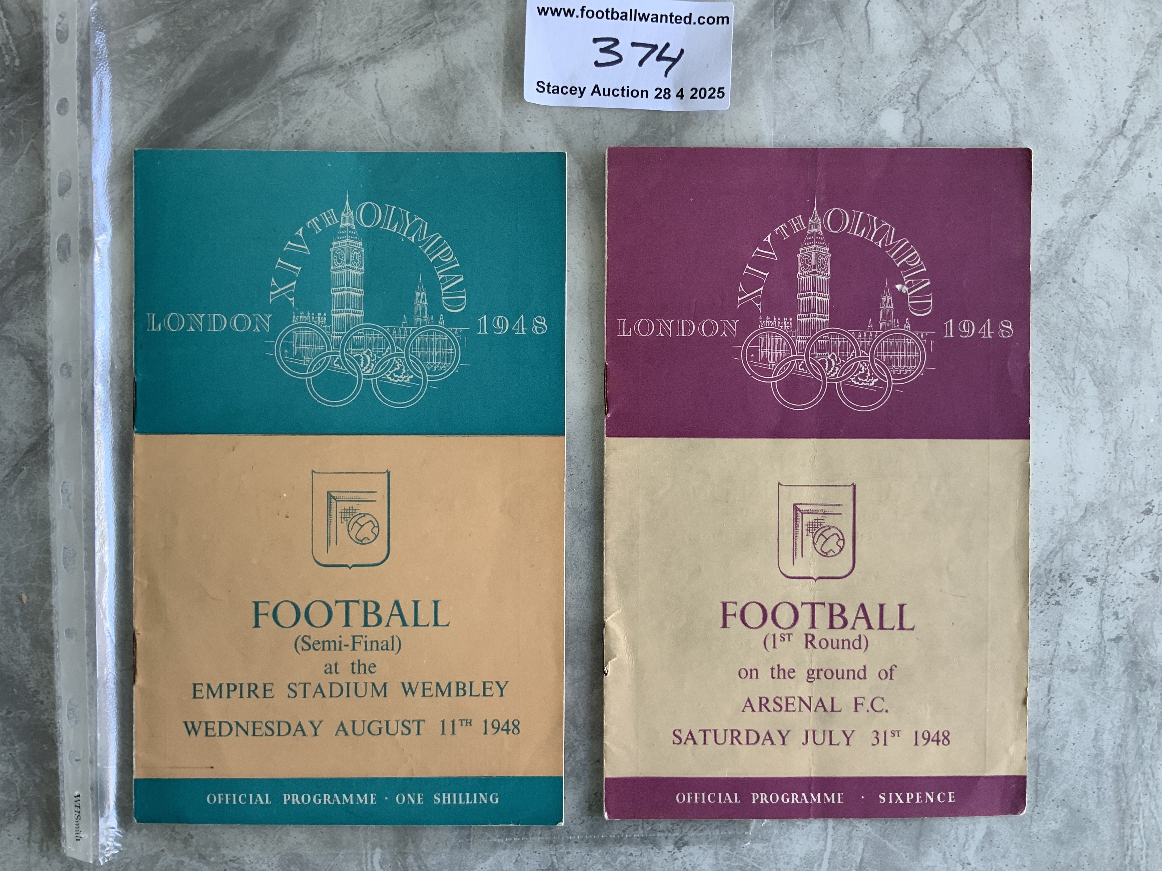 1948 Olympics Football Programmes: Great Britain v Holland at Arsenal with teams filled in and semi final at Wembley between Yugoslavia and Gt Britain. Very good. (2)